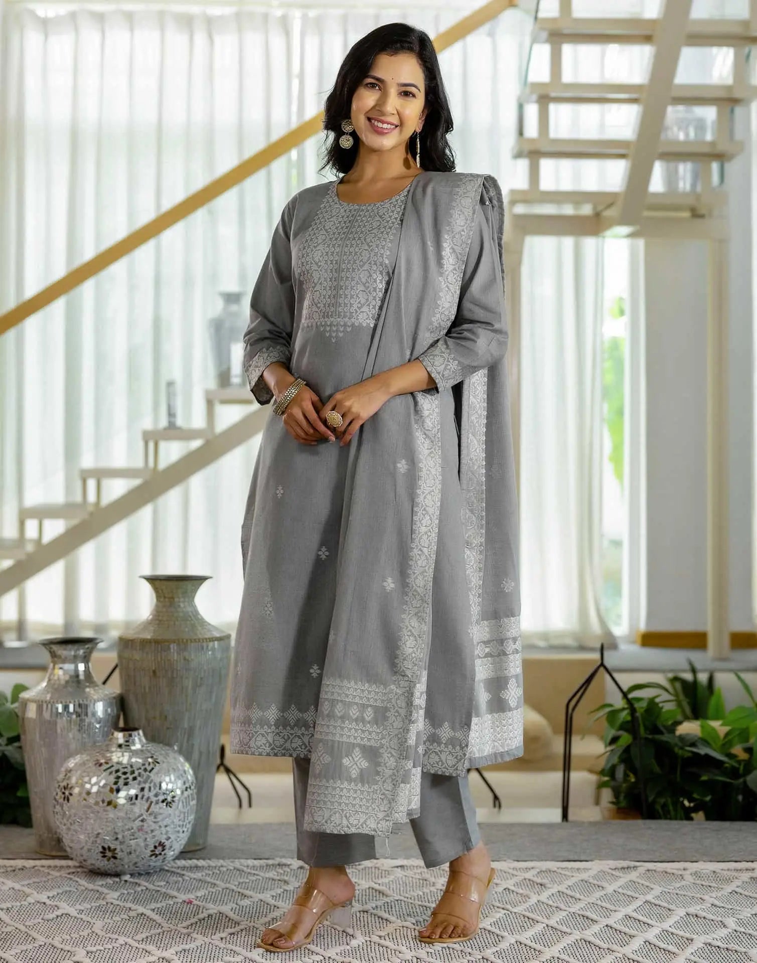 Grey Cotton Woven Straight Kurta Set with Pant & Dupatta under 1250