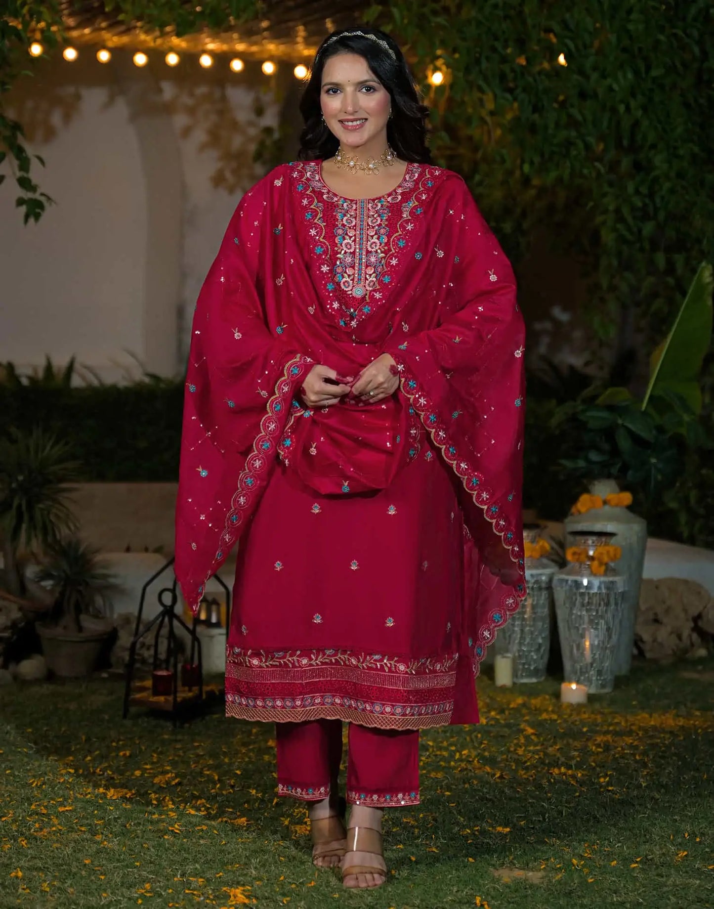 Silk Straight Embroidery Round Neck Kurta with Pant & Dupatta