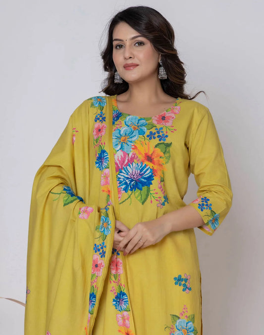 Yellow Cotton Printed Straight Kurta Set with Pant & Dupatta Affordable Casual & Office Wear for Women under 999