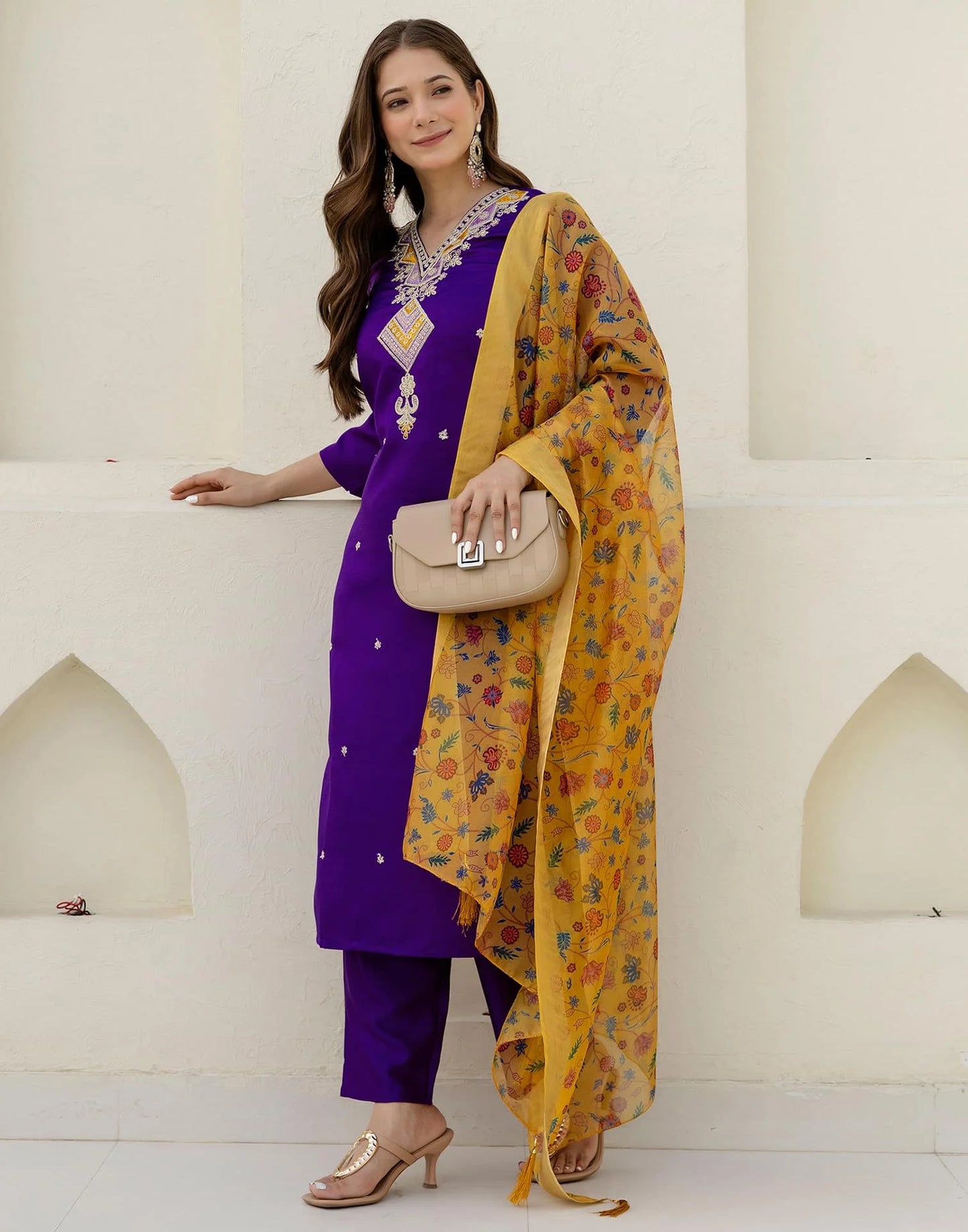 Affordable Purple Silk Embroidered Straight Kurta Set under 1299