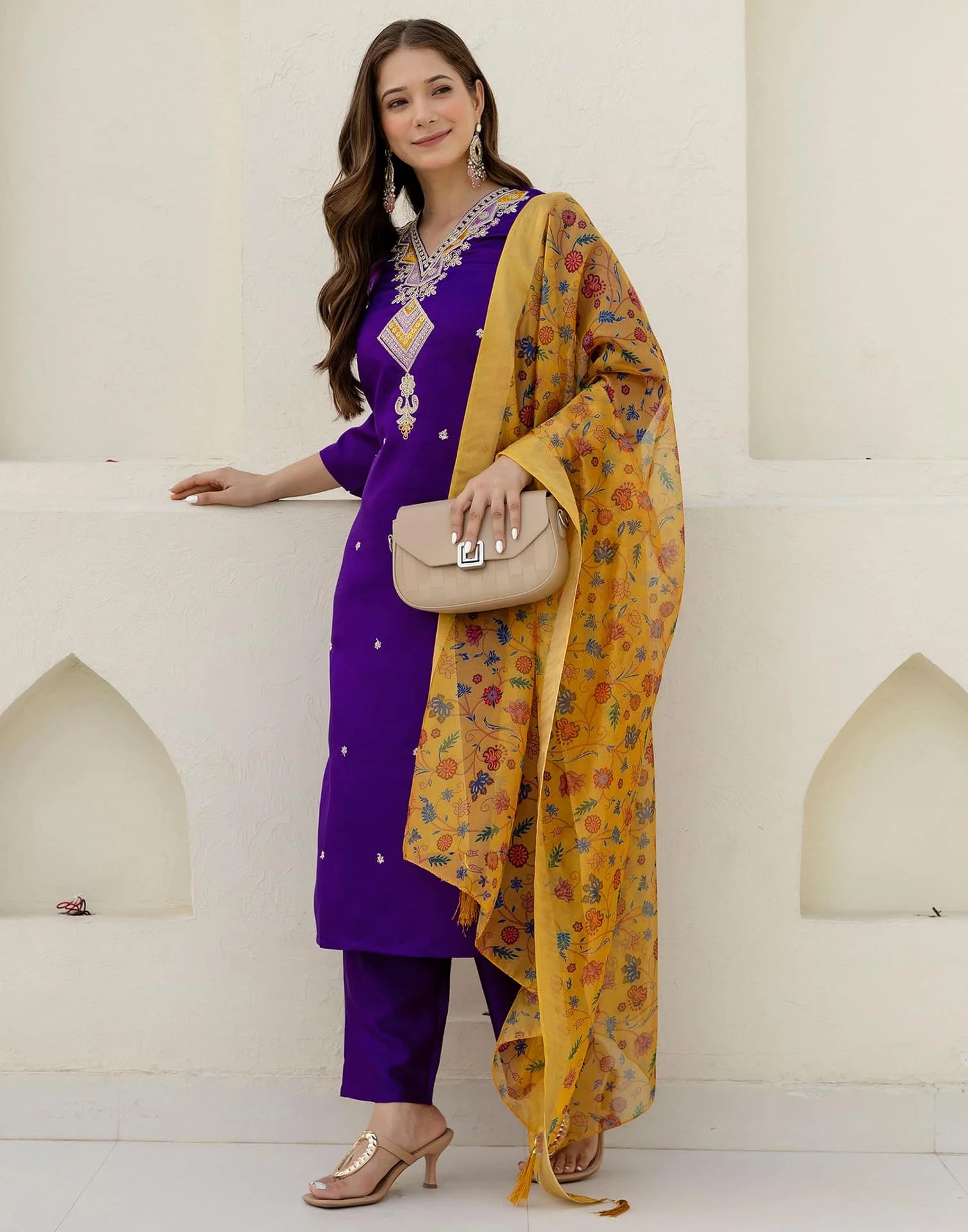 Affordable Purple Silk Embroidered Straight Kurta Set under 1299