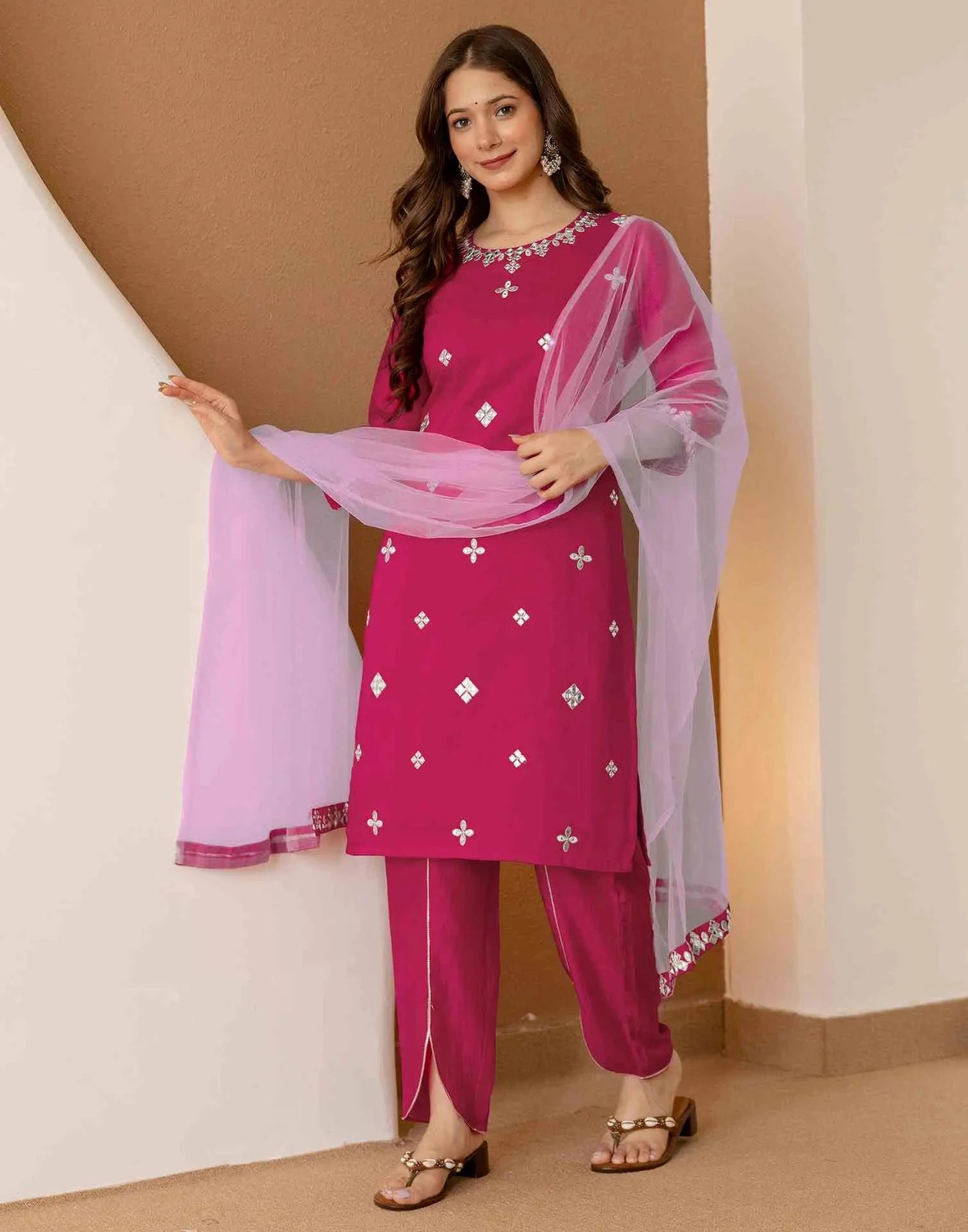 Chinnon Embroidered Straight Round Neck Kurta with Pant & Dupatta