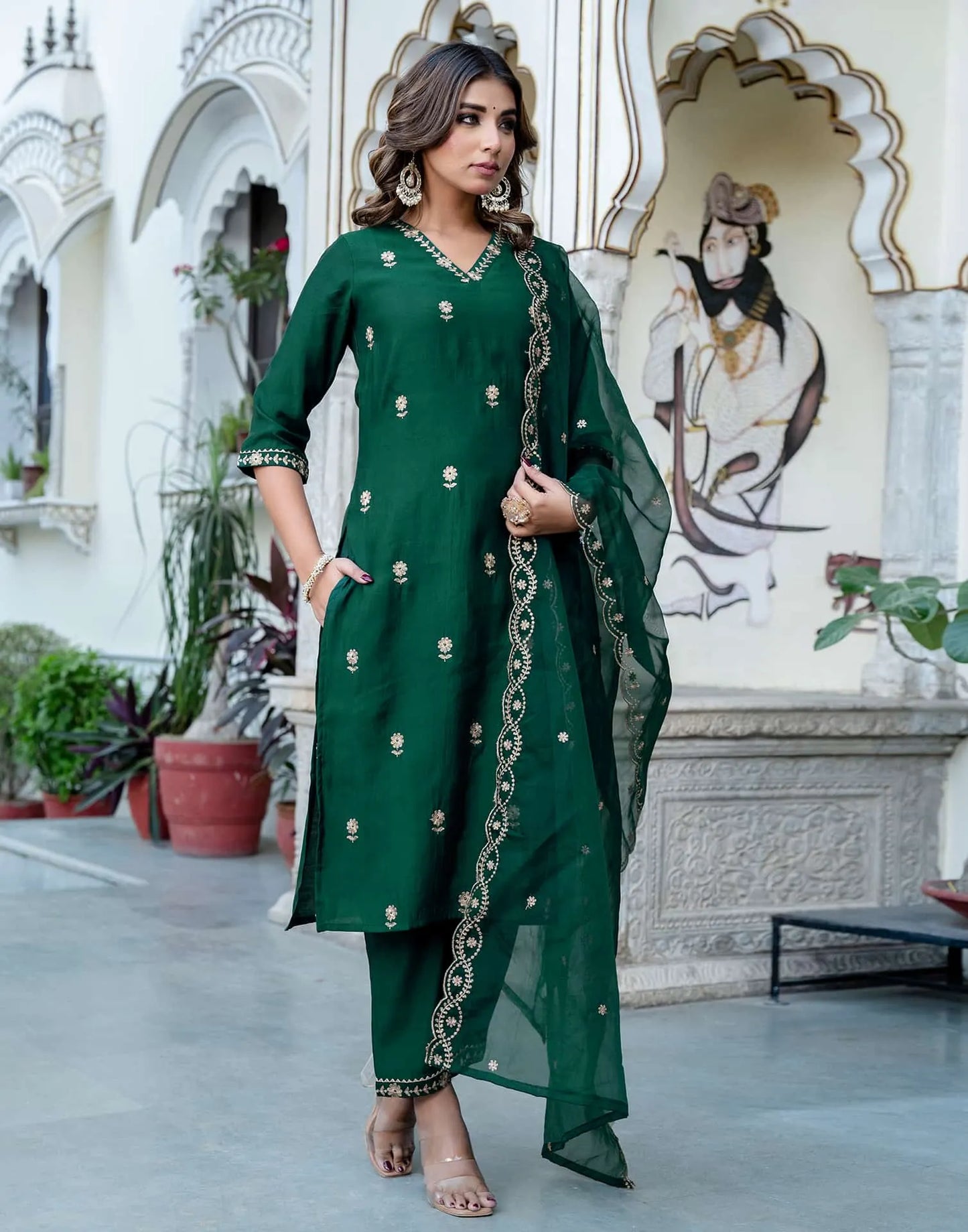 Silk Blend Embroidered Straight Kurta with Pant & Dupatta
