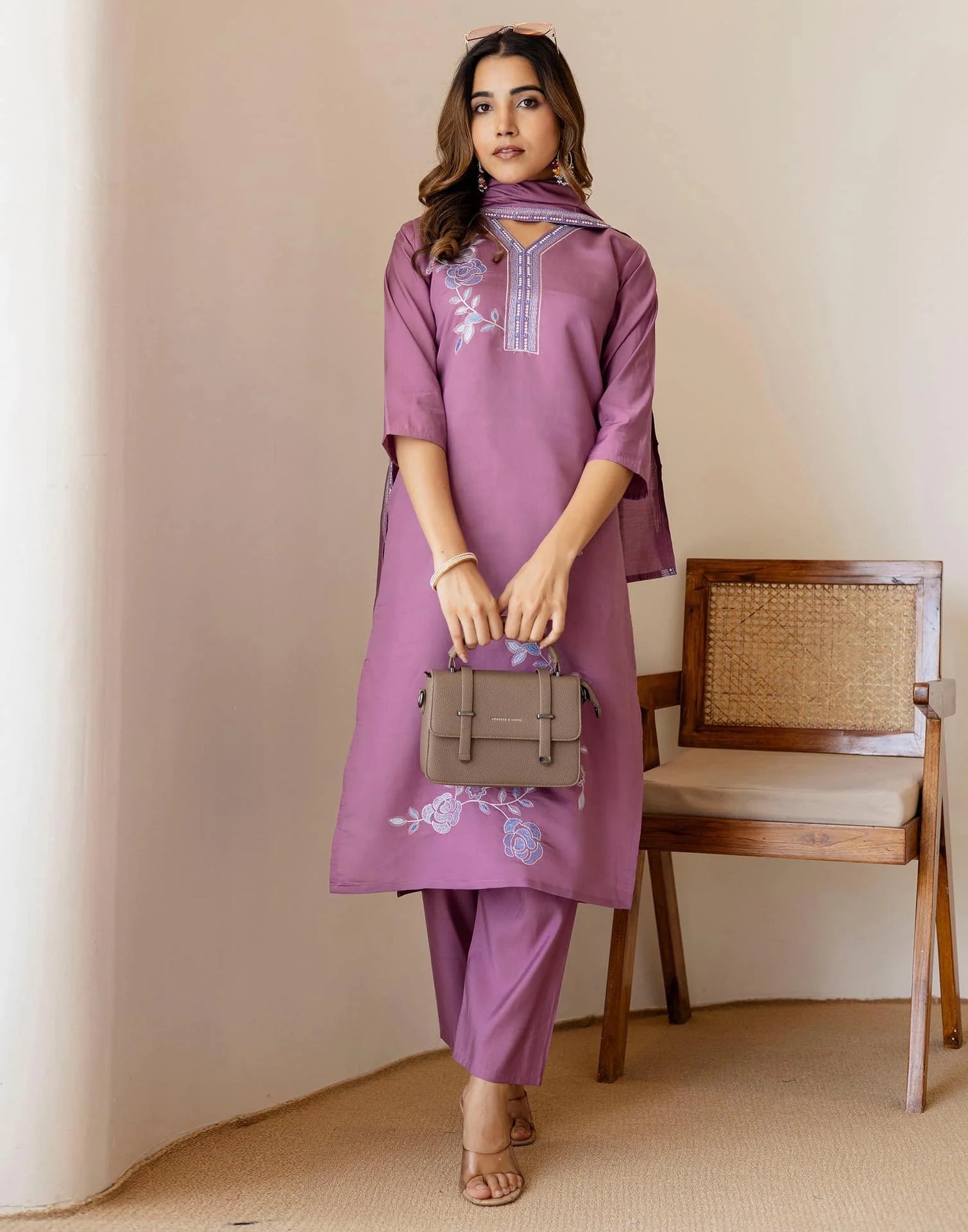 Purple Silk Embroidered Straight Kurta Set with Pant & Dupatta for Women Office & Casual Wear under 1299