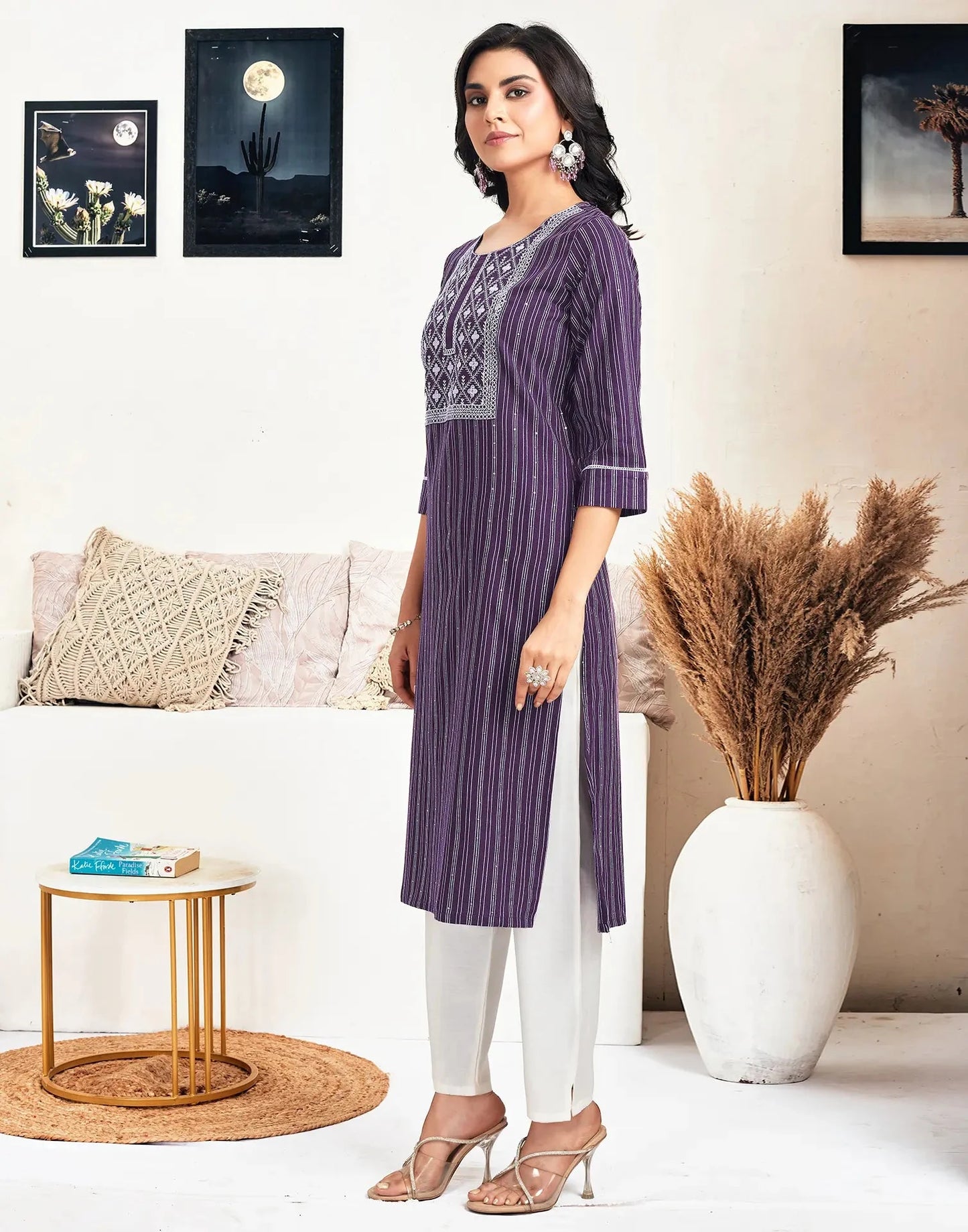 Cotton Embroidered Straight Round Neck Kurtis