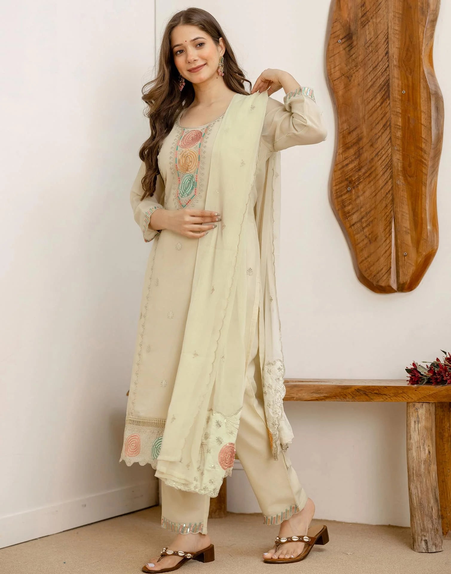 Beige Georgette Embroidered Kurta Set with Pant & Dupatta under 1299
