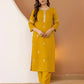 Affordable Yellow Cotton Embroidered Straight Kurta Set Round Neck Cotton Kurti with Pant & Dupatta