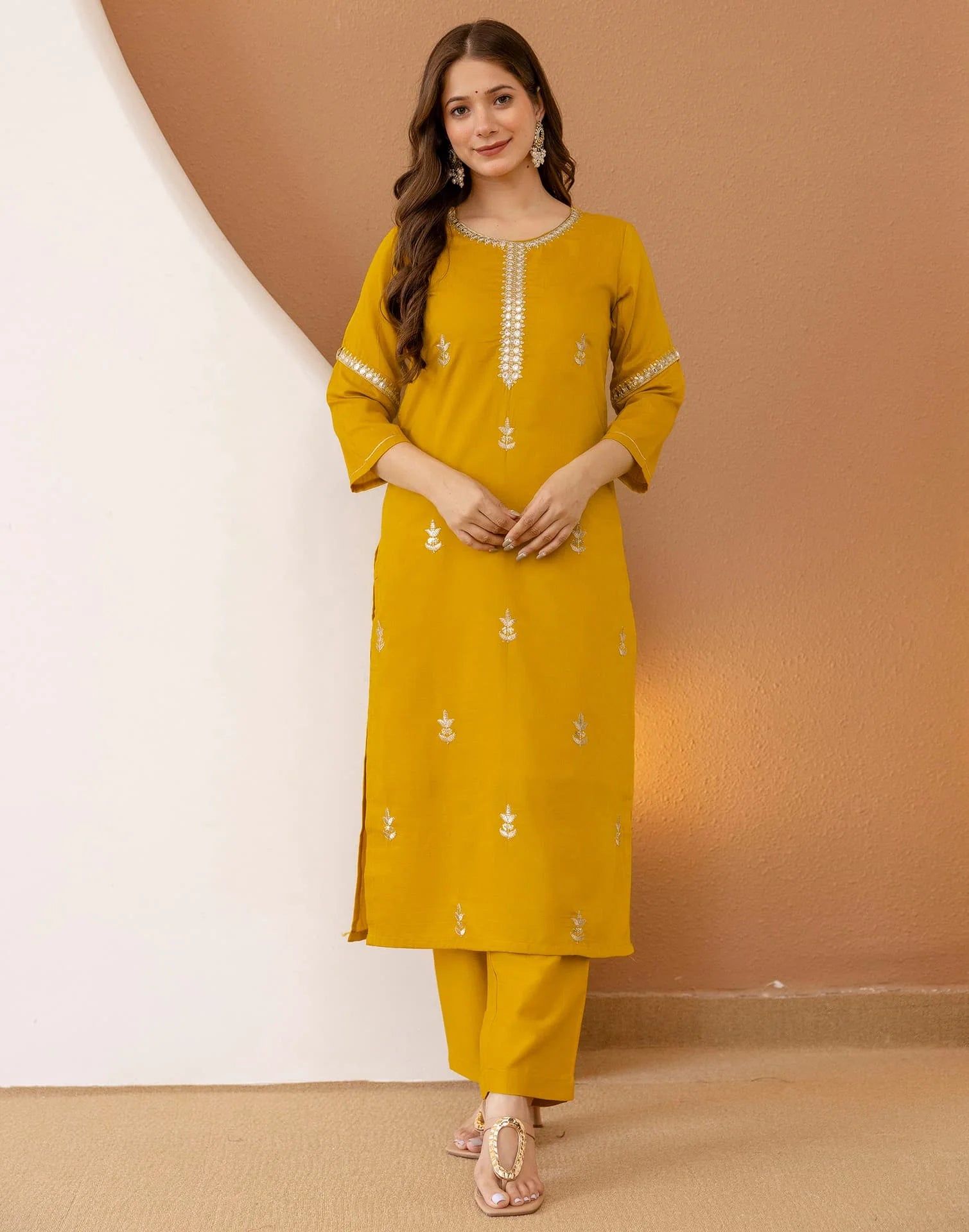 Affordable Yellow Cotton Embroidered Straight Kurta Set Round Neck Cotton Kurti with Pant & Dupatta