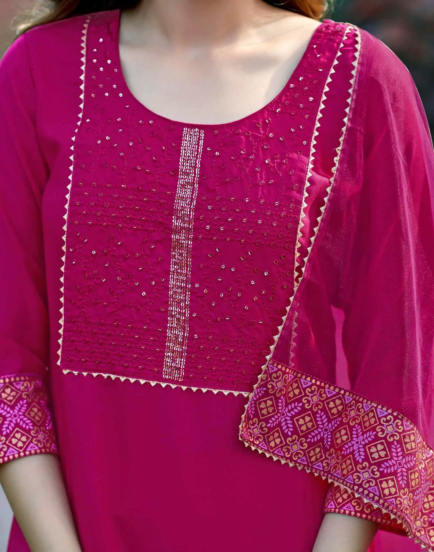 Cotton Blend Embroidered Straight Kurta with Pant & Dupatta