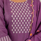 Skylee Purple Cotton Embroidered Straight Kurta with Pant & Dupatta