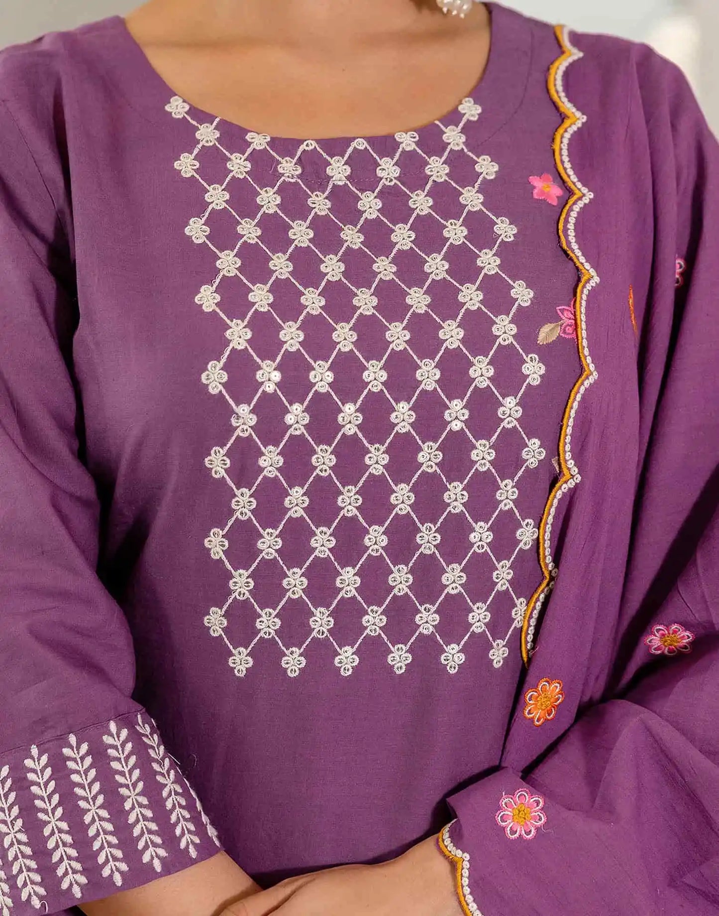 Skylee Purple Cotton Embroidered Straight Kurta with Pant & Dupatta