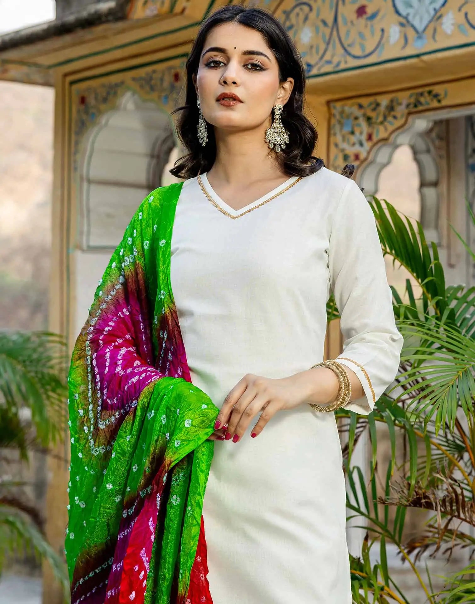 Cotton Blend Gota Lace Straight Kurta with Pant & Dupatta