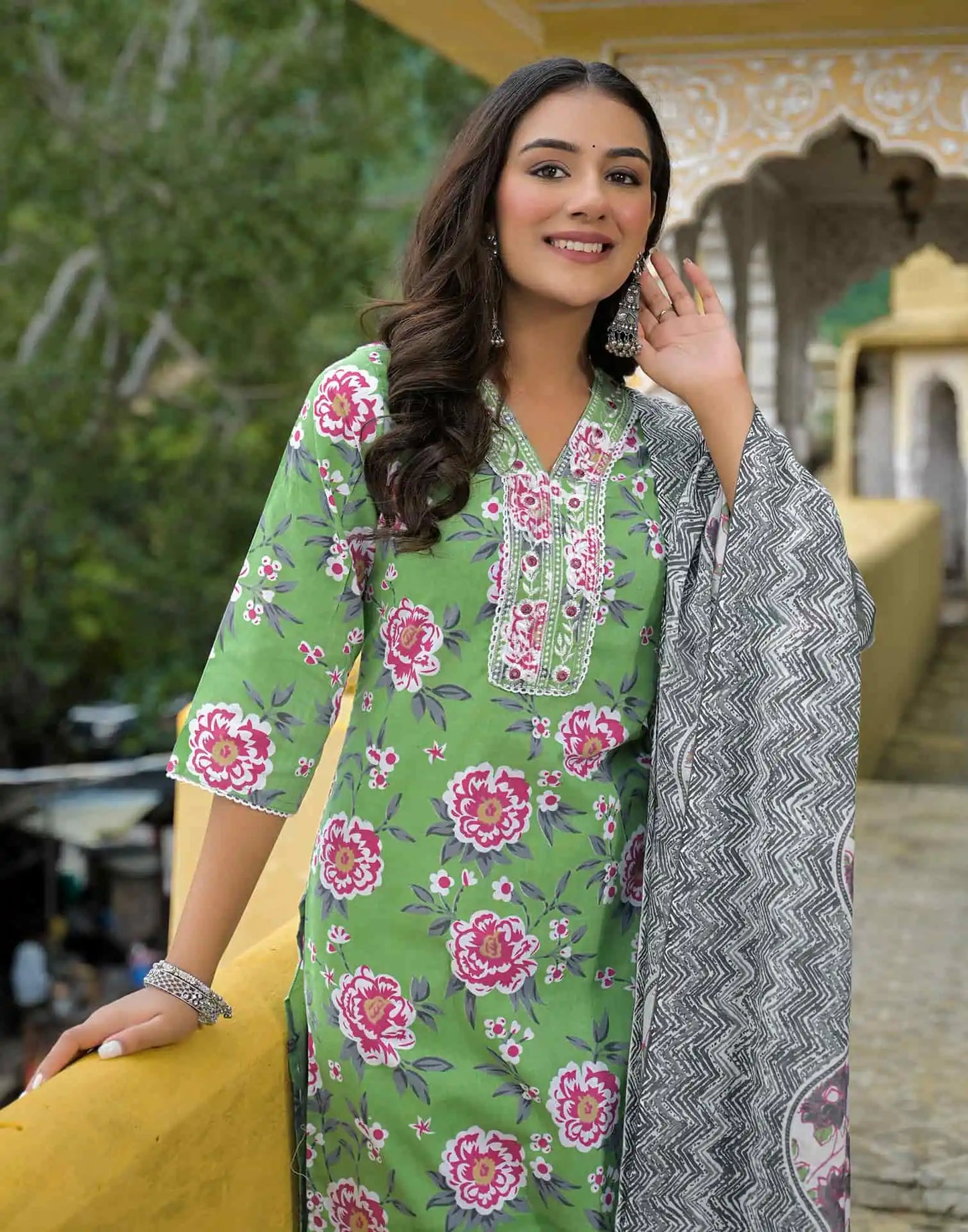 Cotton Straight Printed V-Neck Kurta with Pant & Dupatta