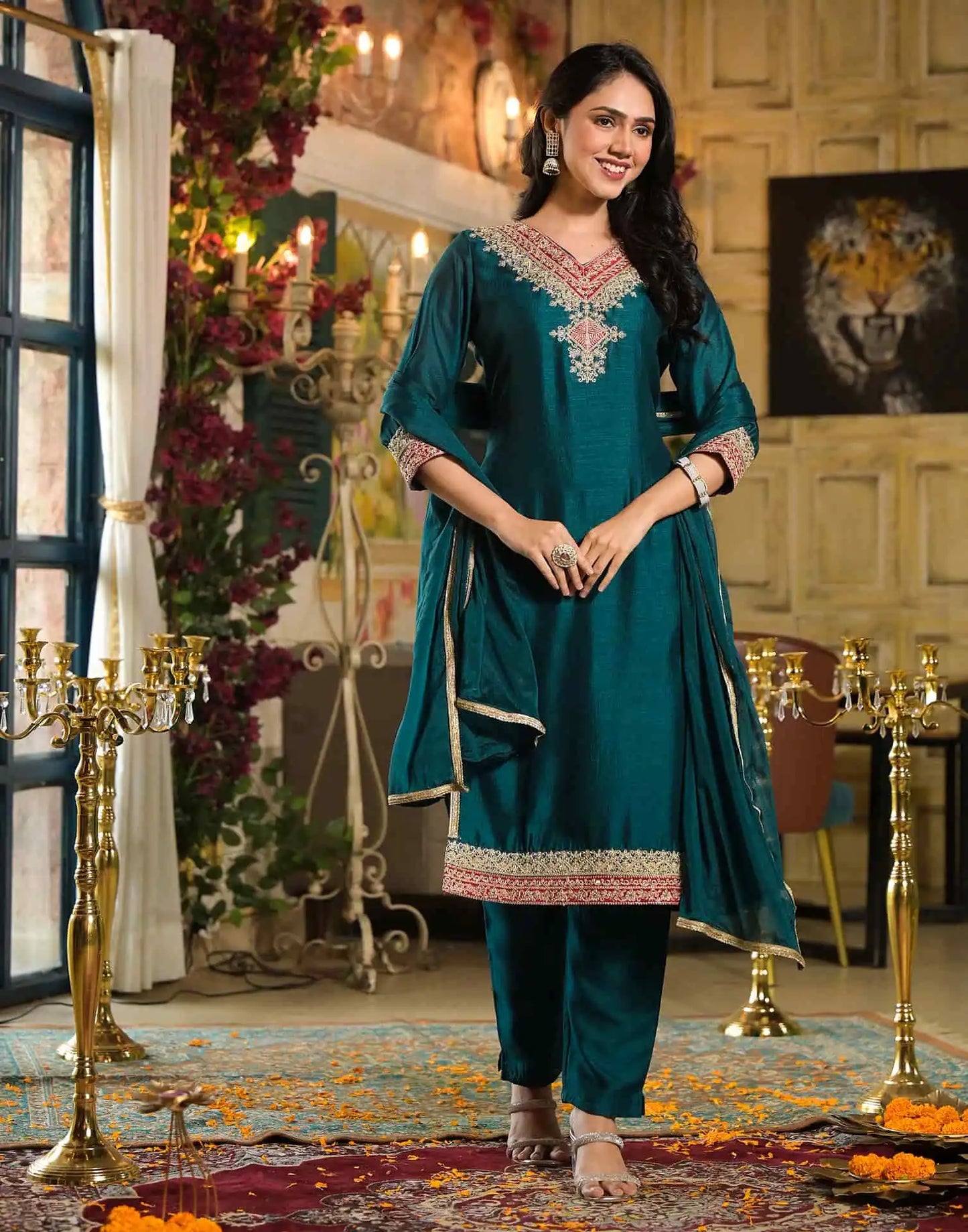Blue Silk Embroidered Straight Kurta Set with Pant & Dupatta under 1250