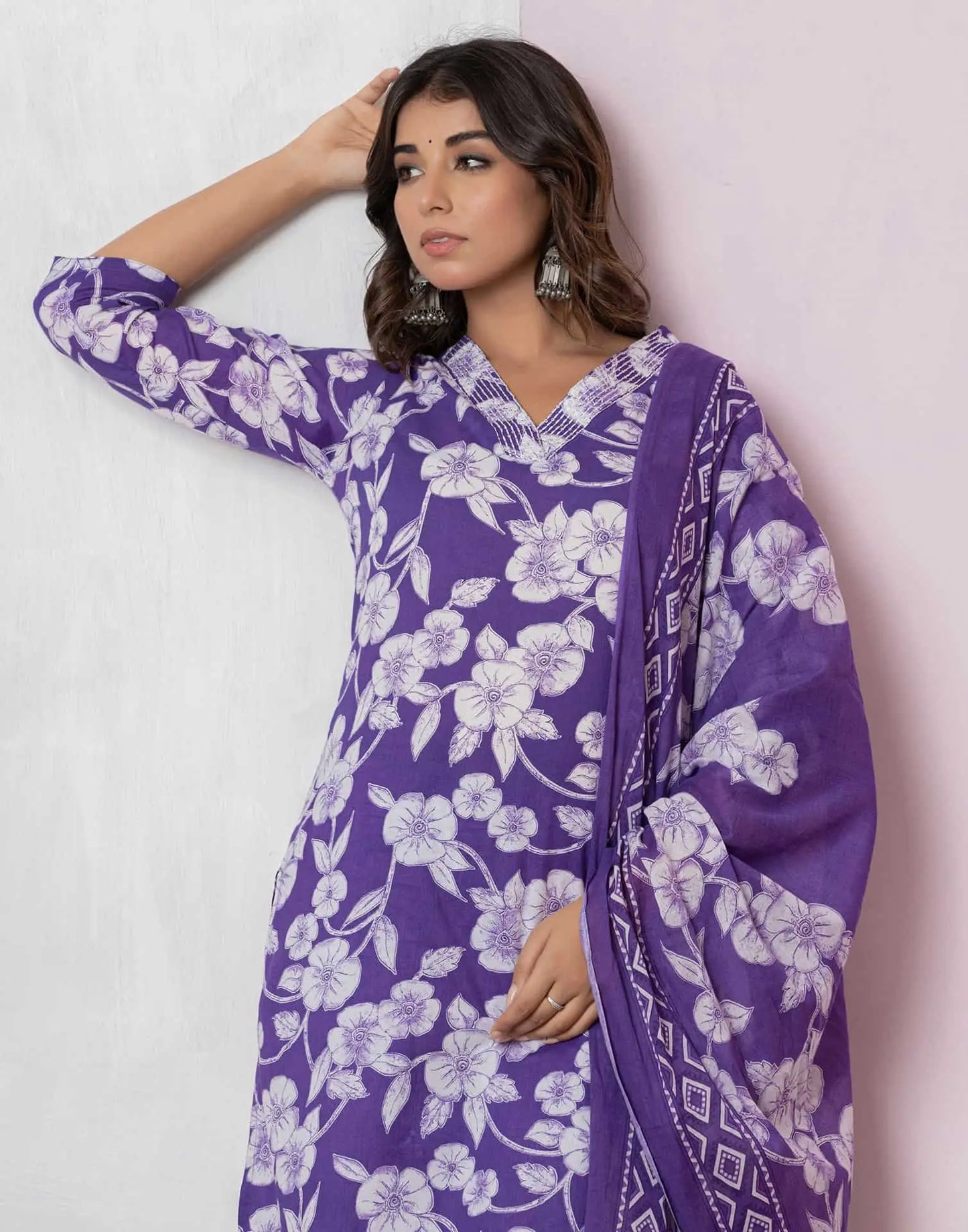 Affordable Purple Cotton Printed Straight Kurta Set under 799