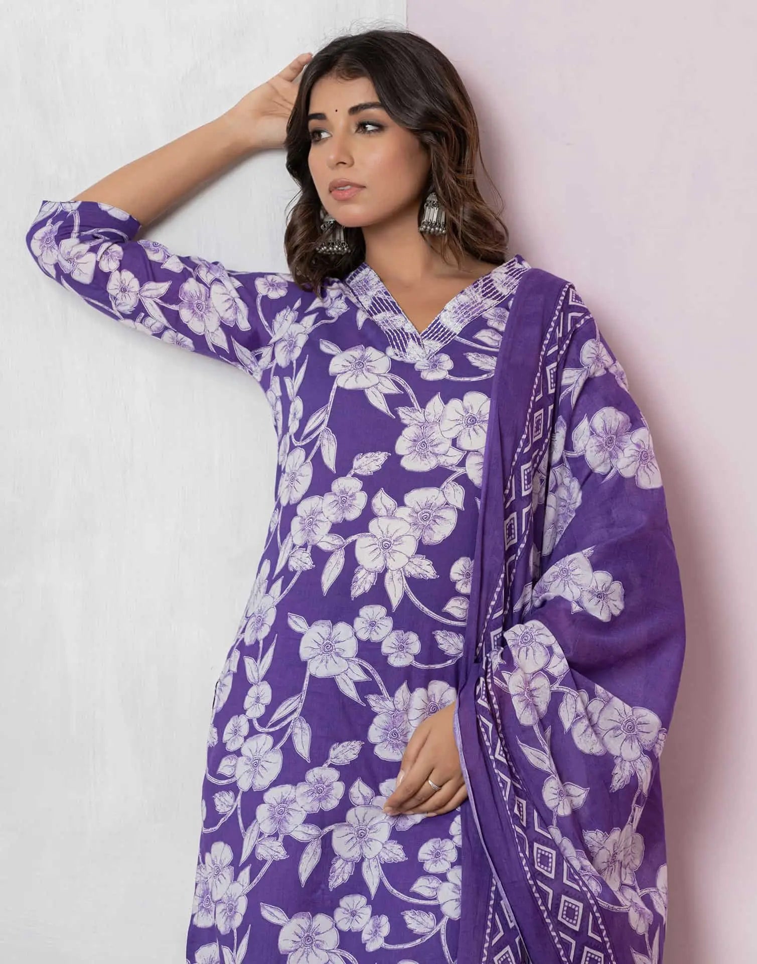 Affordable Purple Cotton Printed Straight Kurta Set under 799