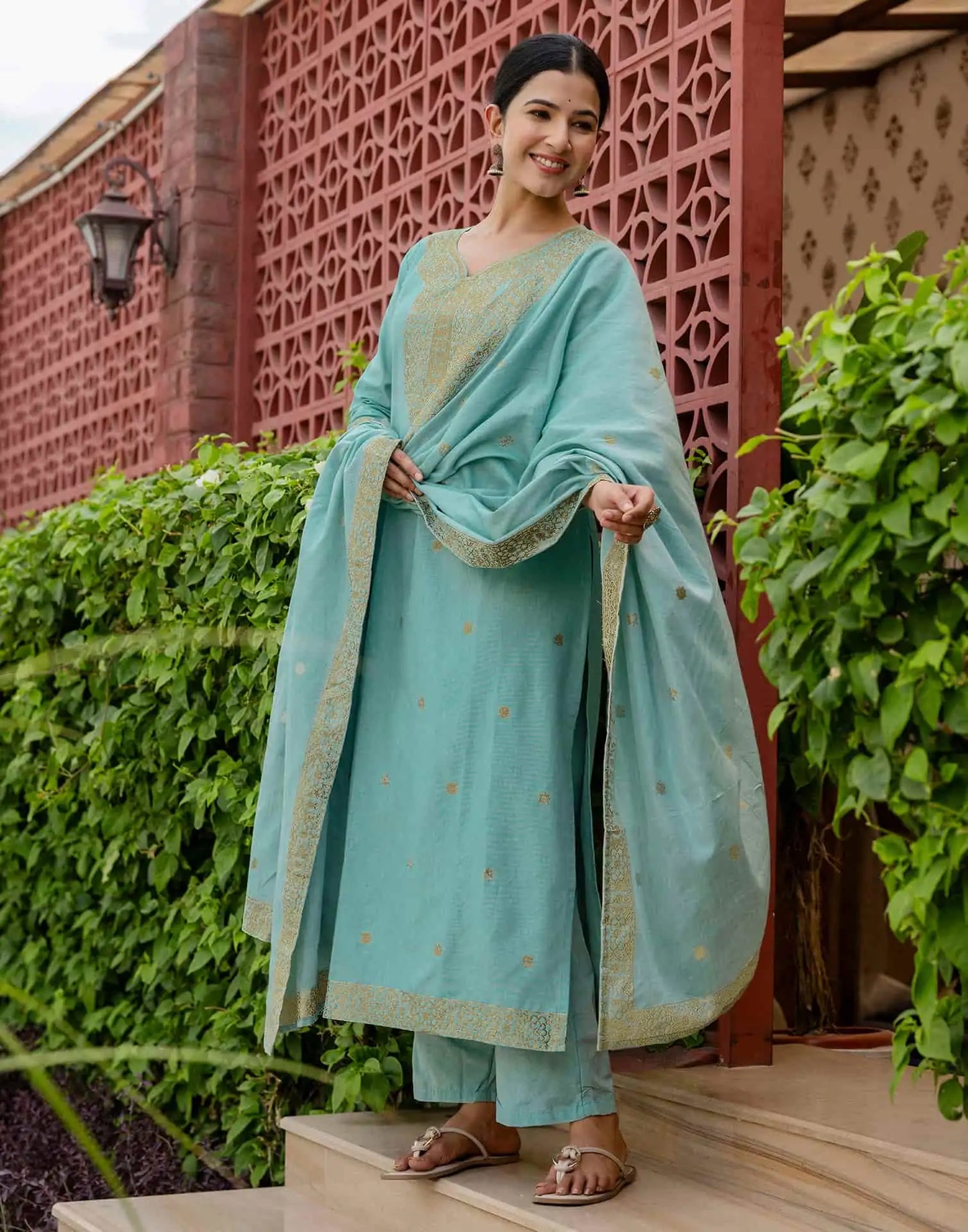 Affordable Light Blue Cotton Woven Straight Kurta Set V-Neck Woven Cotton Kurti with Pant & Dupatta