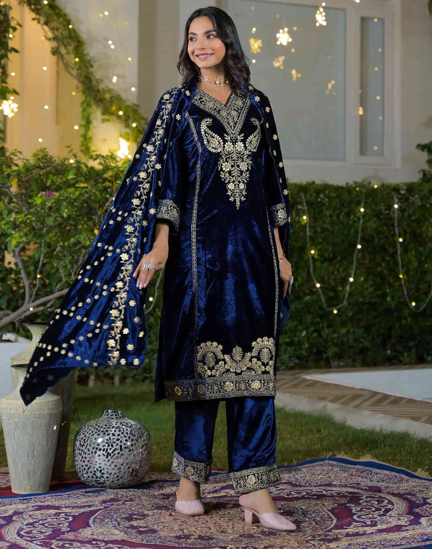 Skylee Velvet Embroidered Straight 3 Piece Kurta Set For Woman