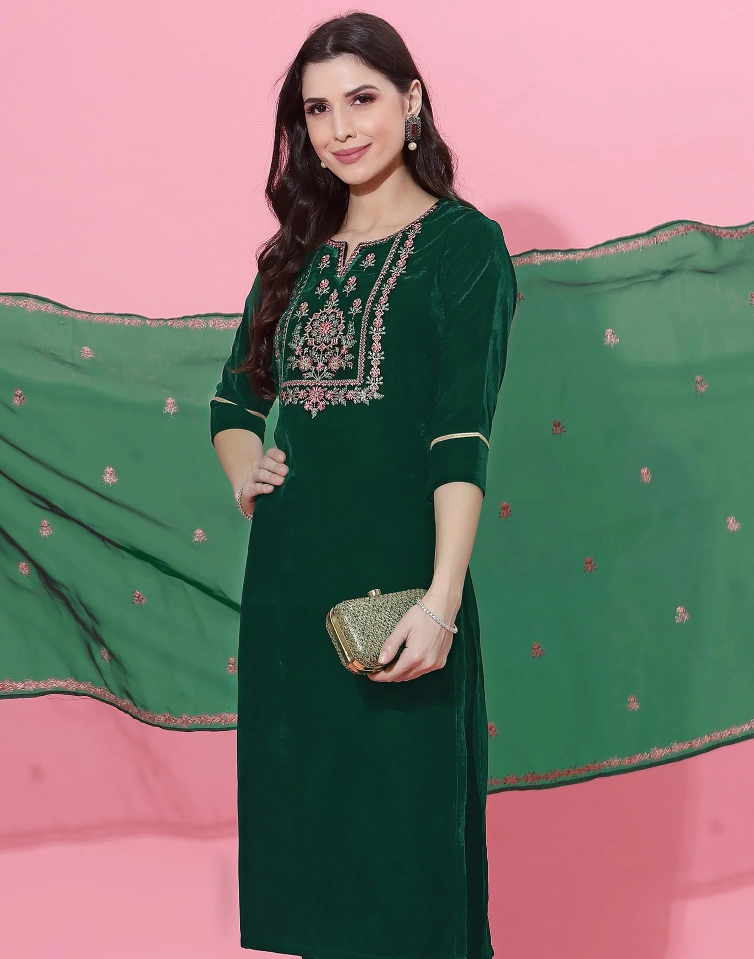 Dark Green Velvet Straight Kurta Set with Pants & Dupatta under 1000