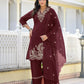 Cotton Embroidered V-Neck Straight Kurta with Pant & Dupatta