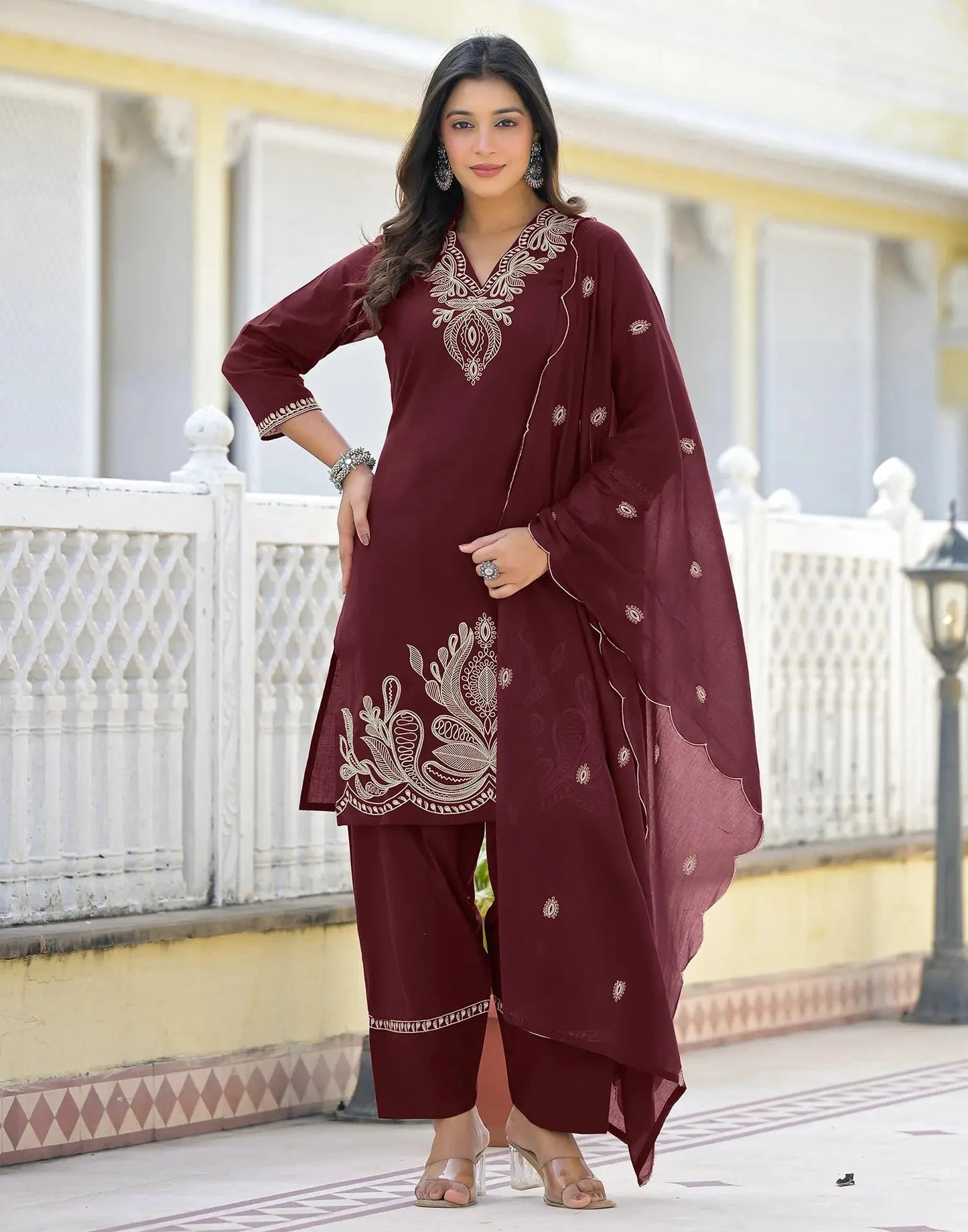 Cotton Embroidered V-Neck Straight Kurta with Pant & Dupatta