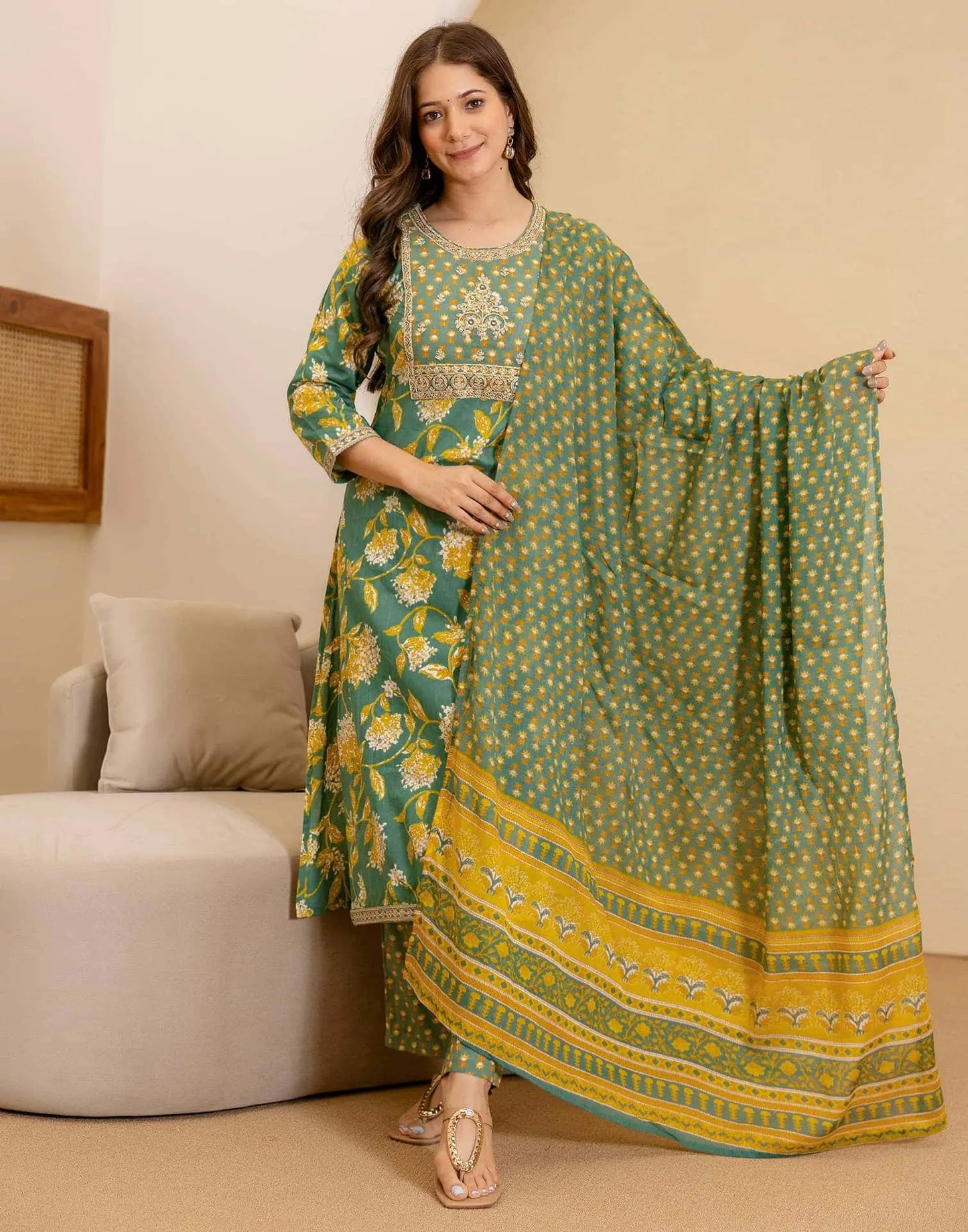 Cotton Printed Straight Kurta with Pant & Dupatta