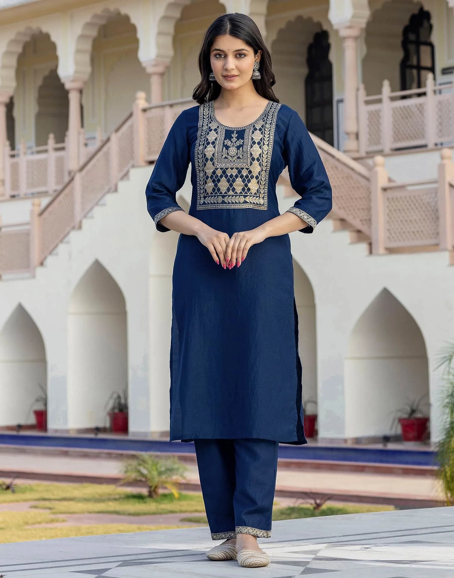 Silk Blend Weaving and Lace Straight Kurta with Pant & Dupatta