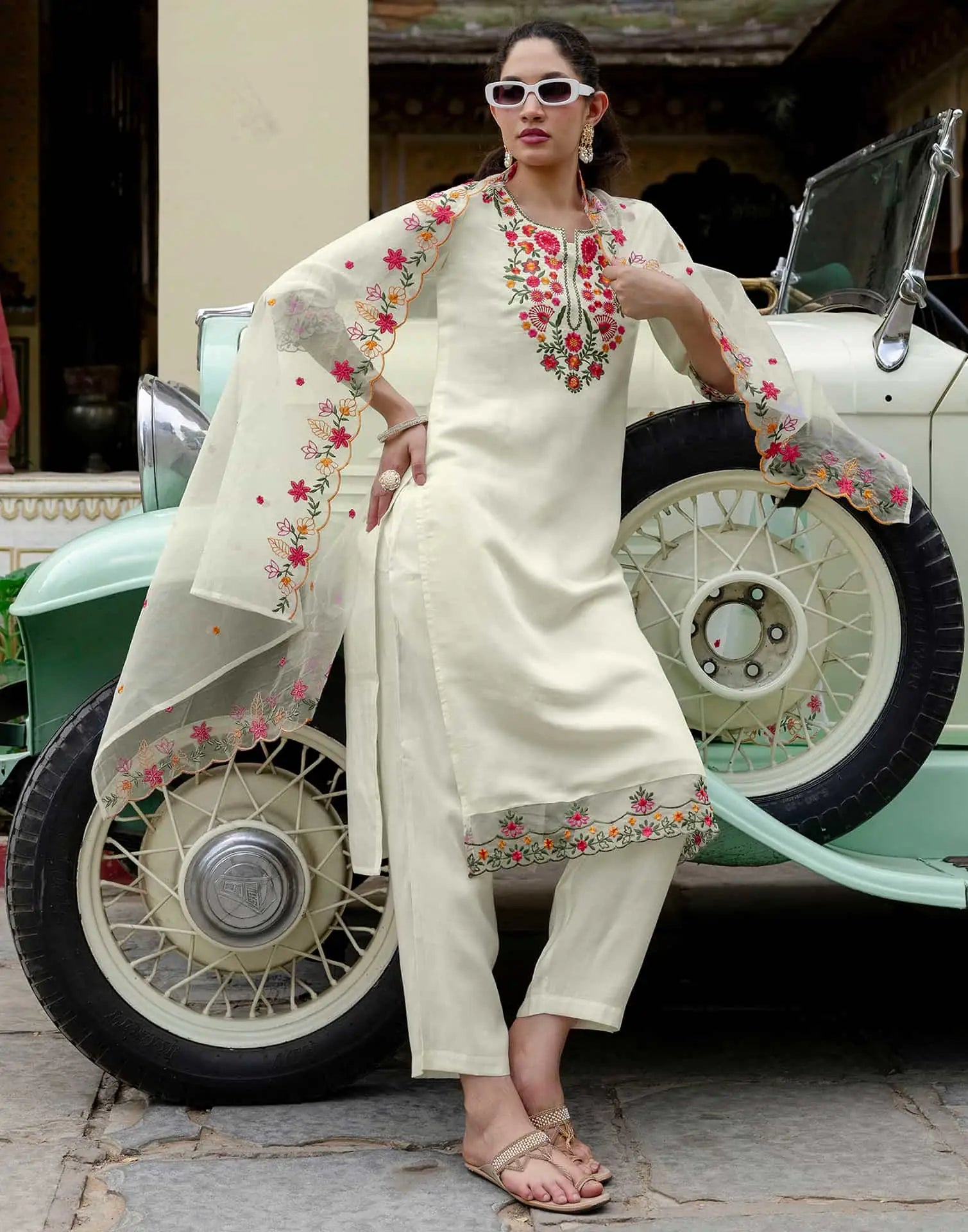 Beige Silk Blend Embroidered and Sequins Work Straight Kurta Set with Pant & Dupatta for Women