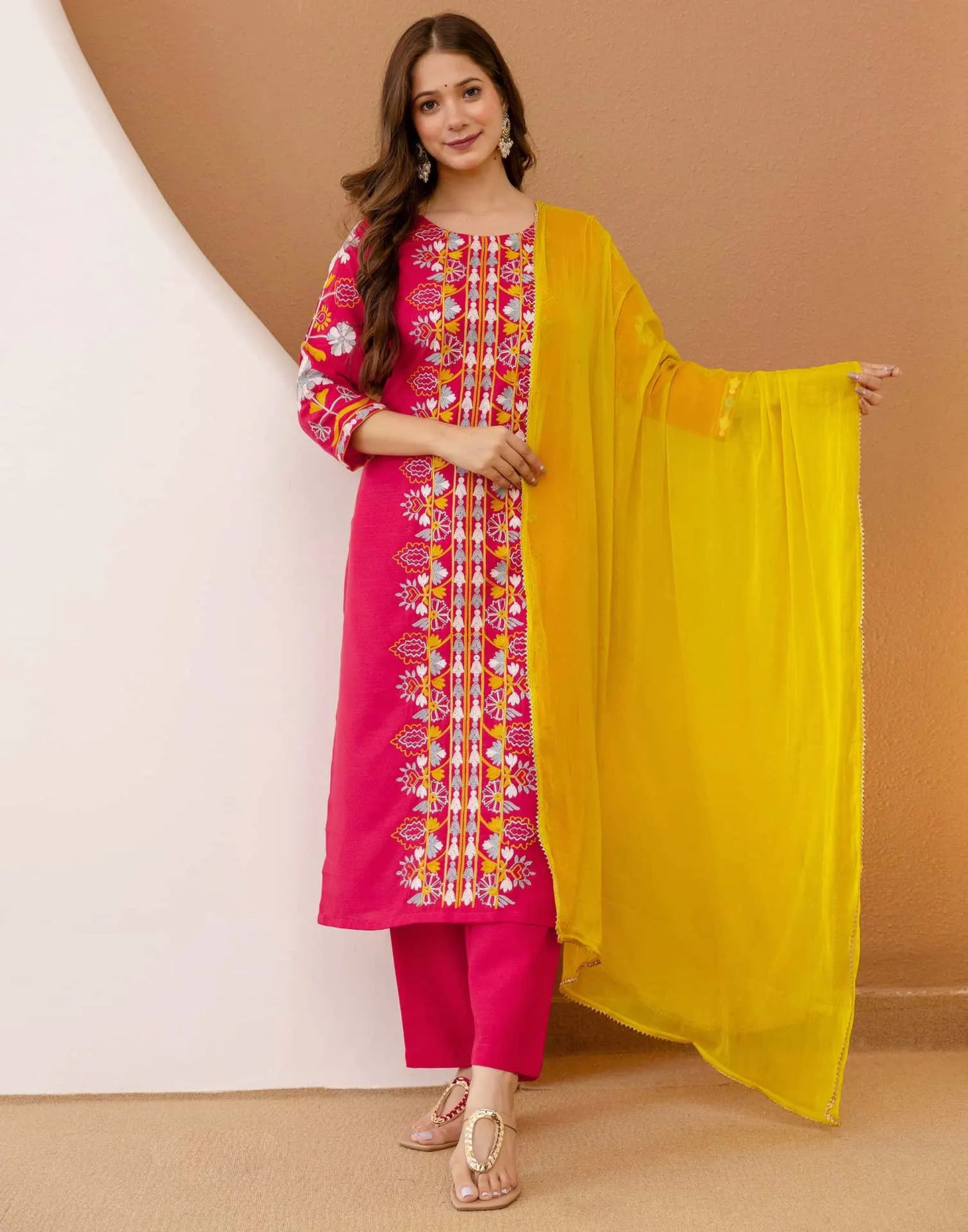 Cotton Blend Embroidered Straight Kurta with Pant & Dupatta