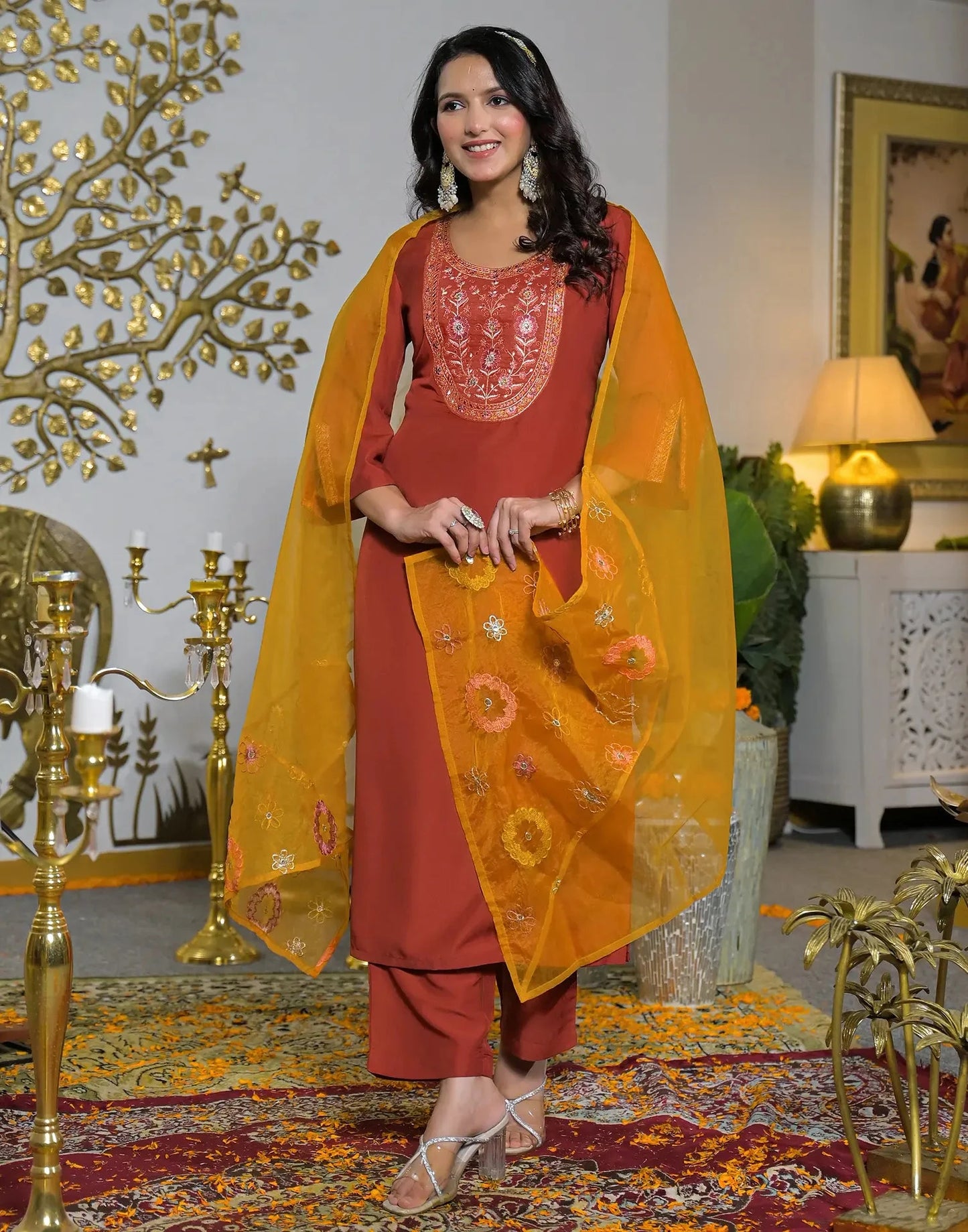 Chinnon Embroidered Round Neck Straight Kurta with Pant & Dupatta