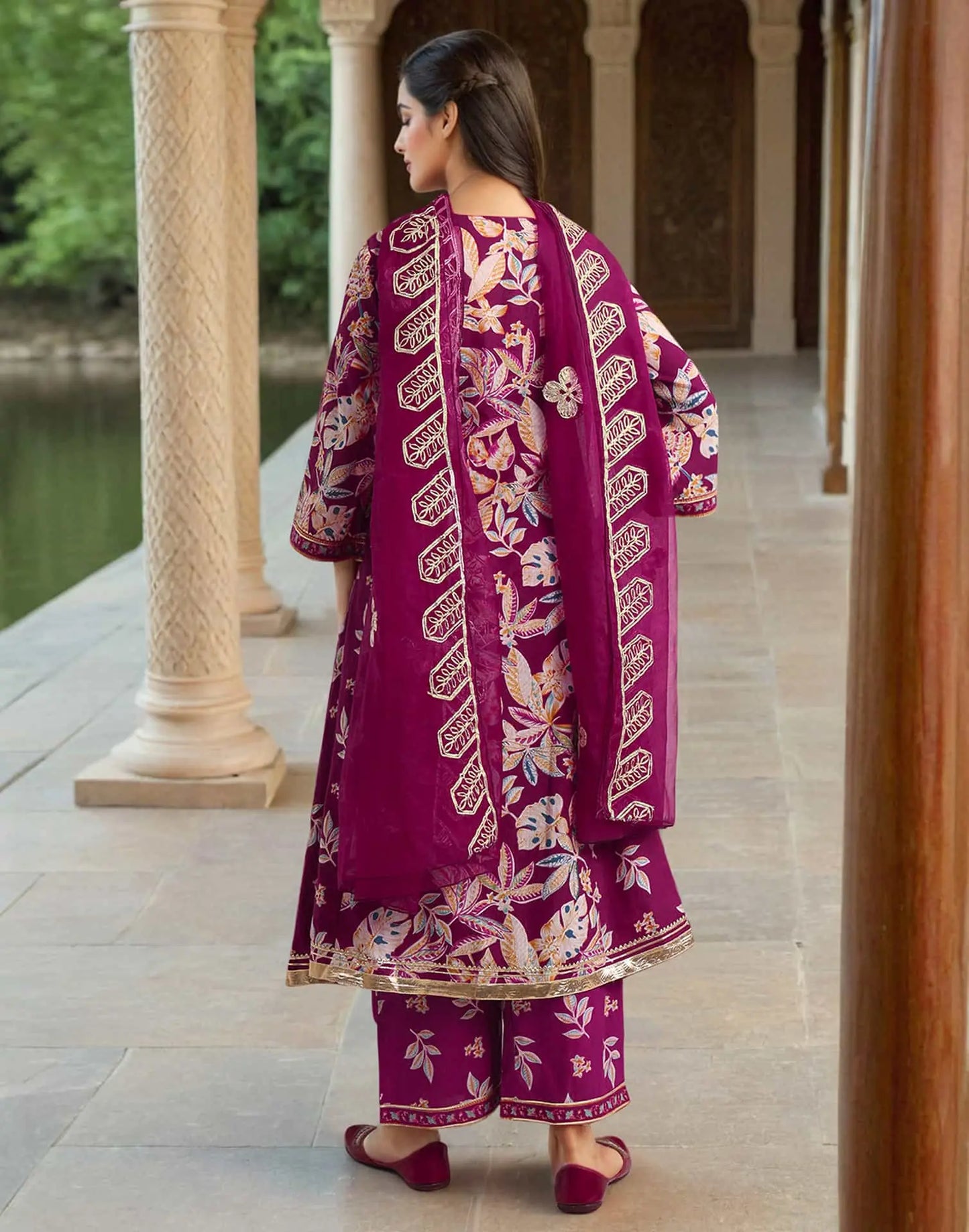 Maroon Cotton Printed Anarkali Kurta Set with Square Neck, Pant & Dupatta  Perfect for Office, Daily & Casual Wear