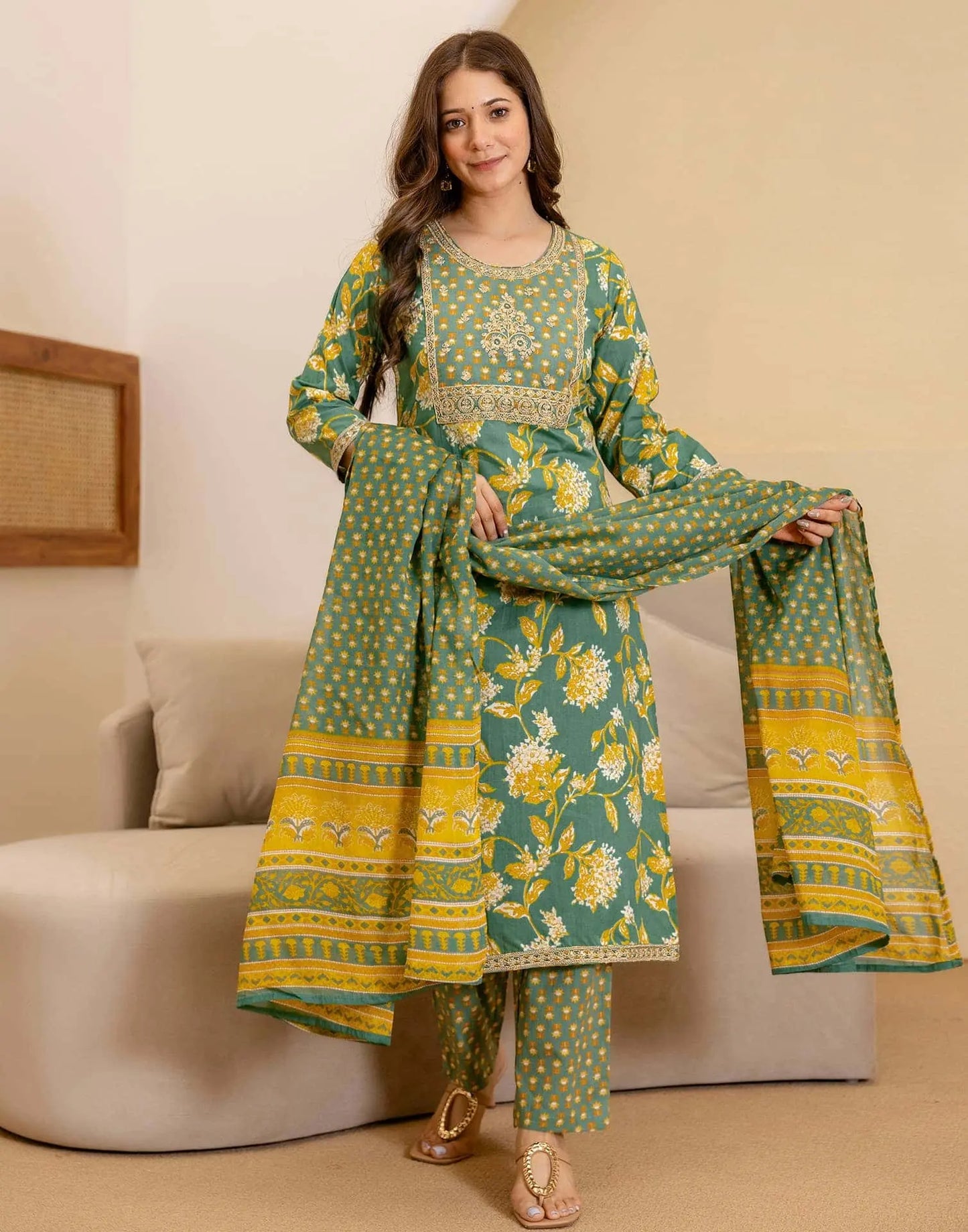 Cotton Printed Straight Kurta with Pant & Dupatta