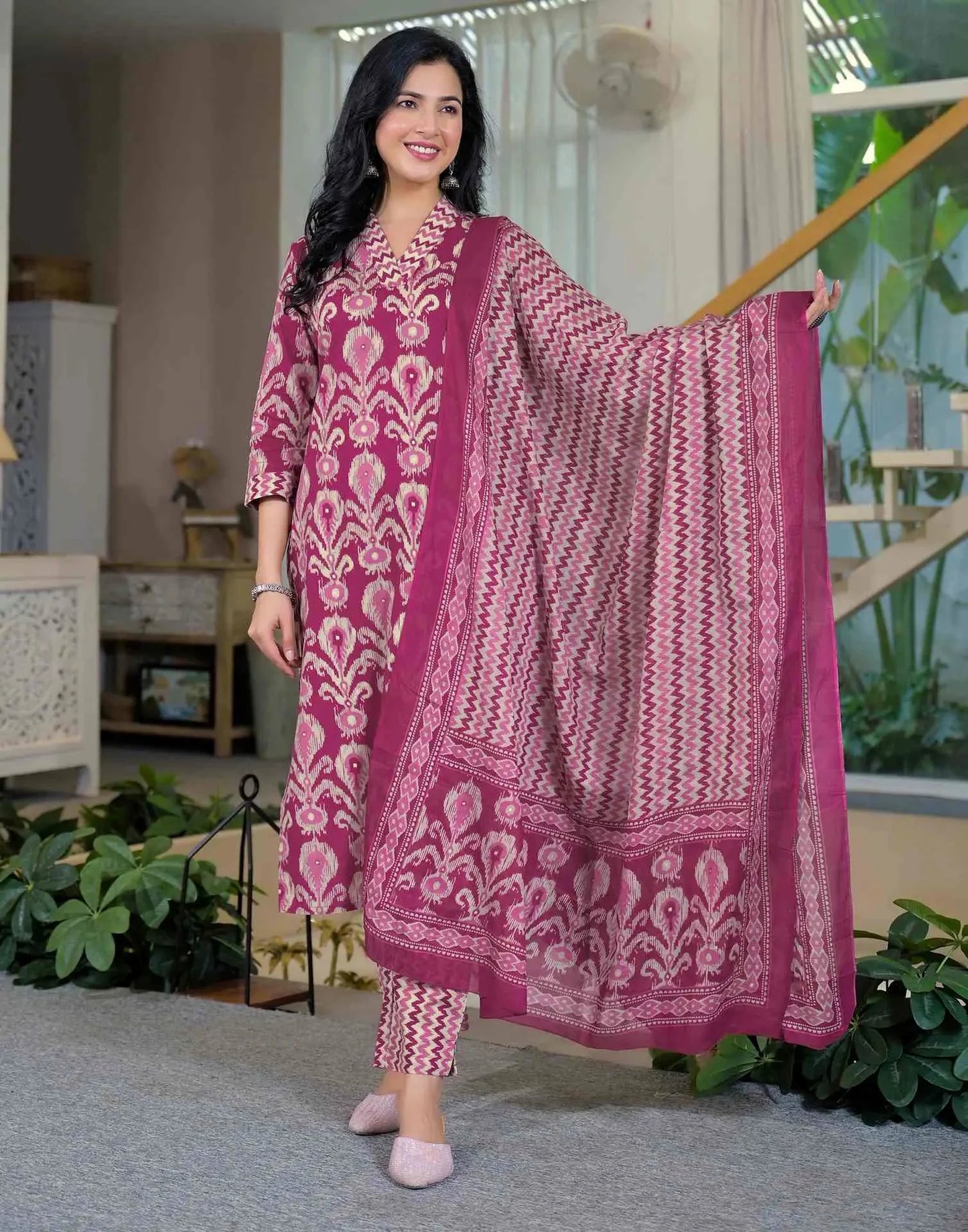 Cotton Printed Straight V-Neck Kurta with Pant & Dupatta