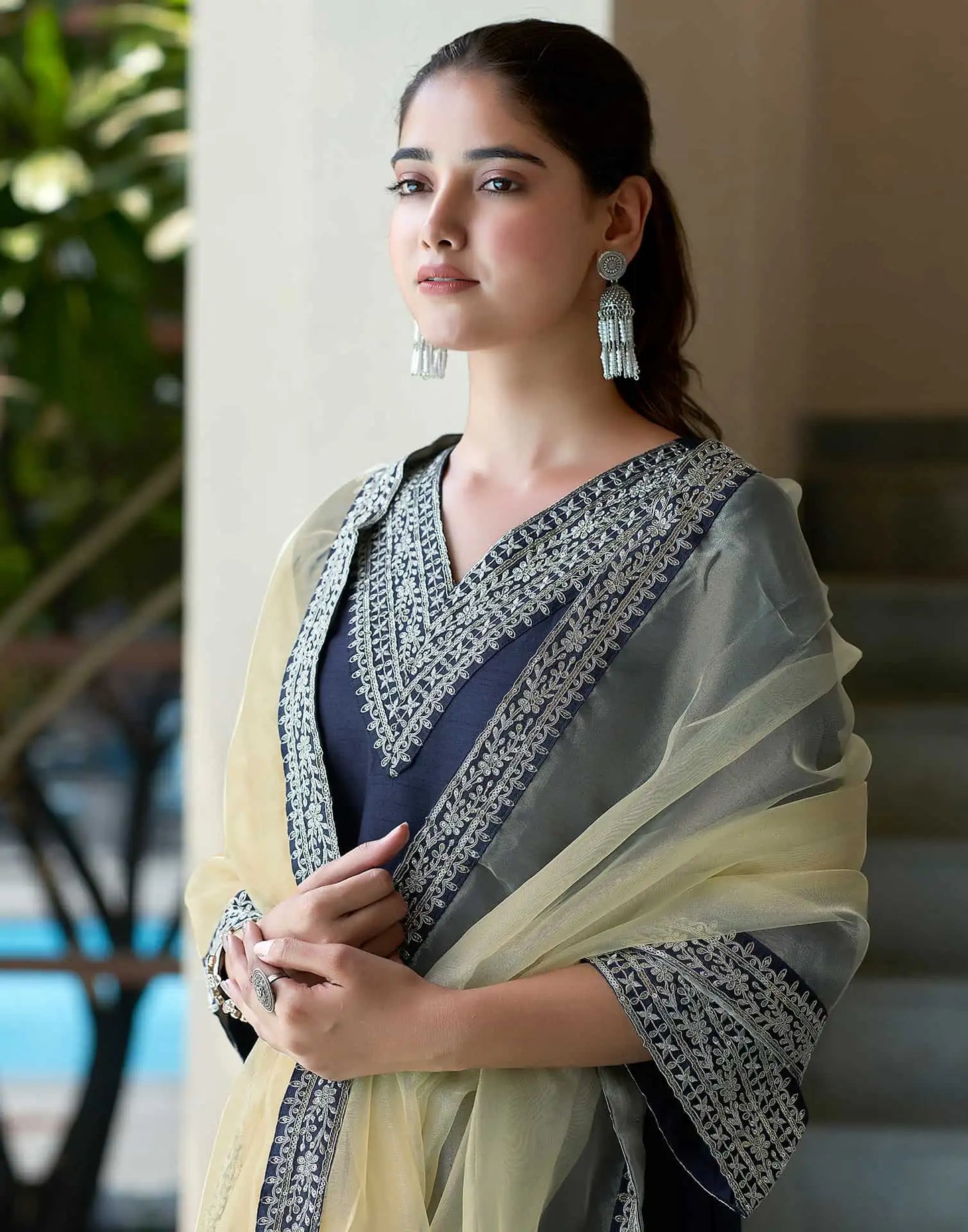 Silk Blend Sequins Embroidery Lace Straight Kurta with Pant & Dupatta