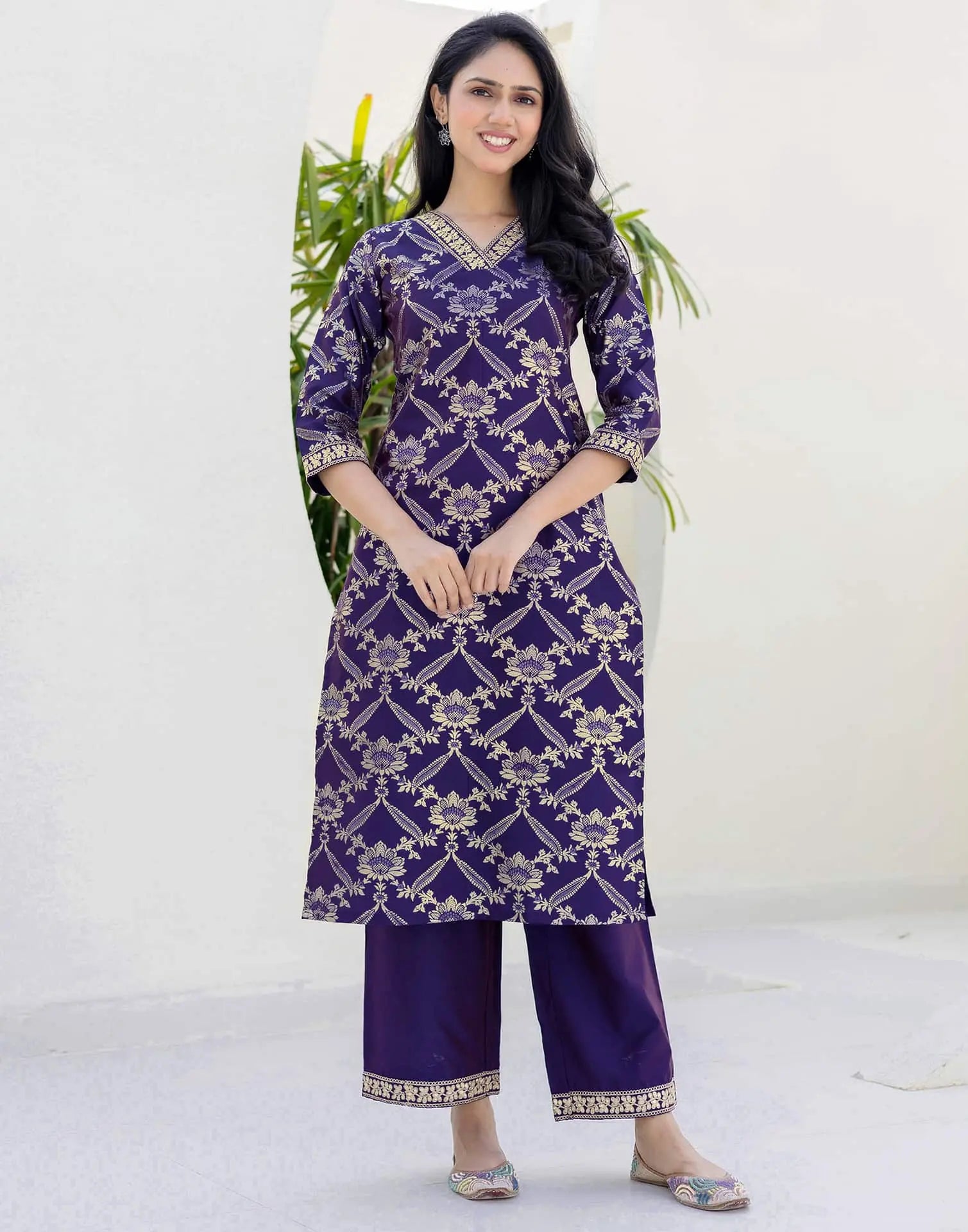 Skylee Affordable Purple Silk Foil-Printed Straight Kurta Set under 999