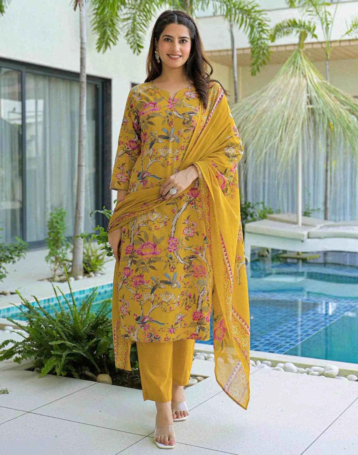Cotton Printed Straight V-Neck Kurta with Pant & Dupatta