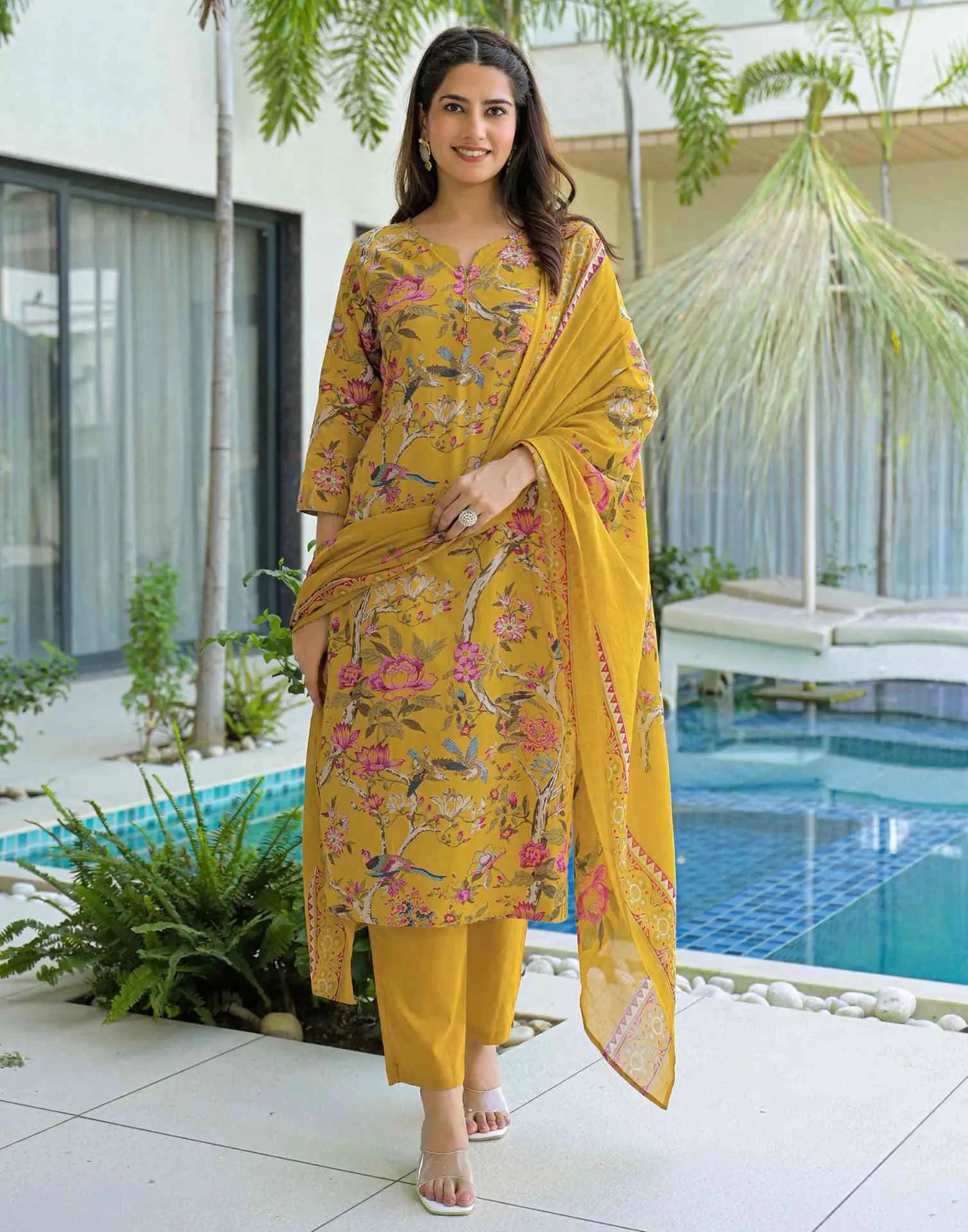 Cotton Printed Straight V-Neck Kurta with Pant & Dupatta