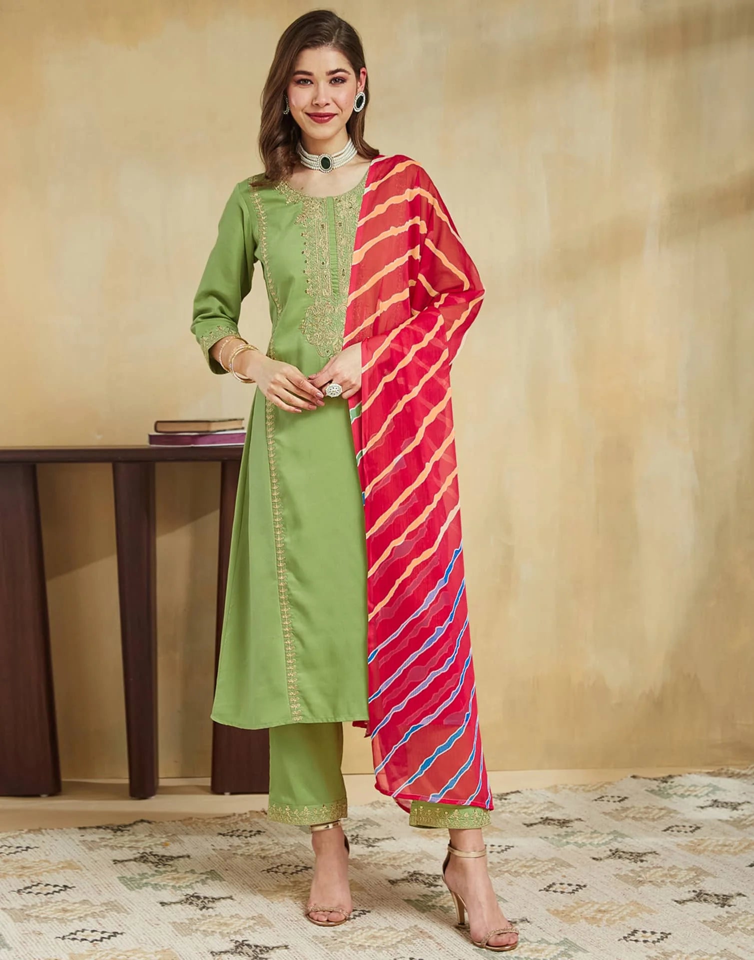 Light Green Cotton Embroidered Straight Kurta Set with Pant & Dupatta for Women