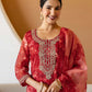 Red Organza Printed Straight Kurta Set with Pant & Dupatta for Women  Festive & Karwa Chauth Special