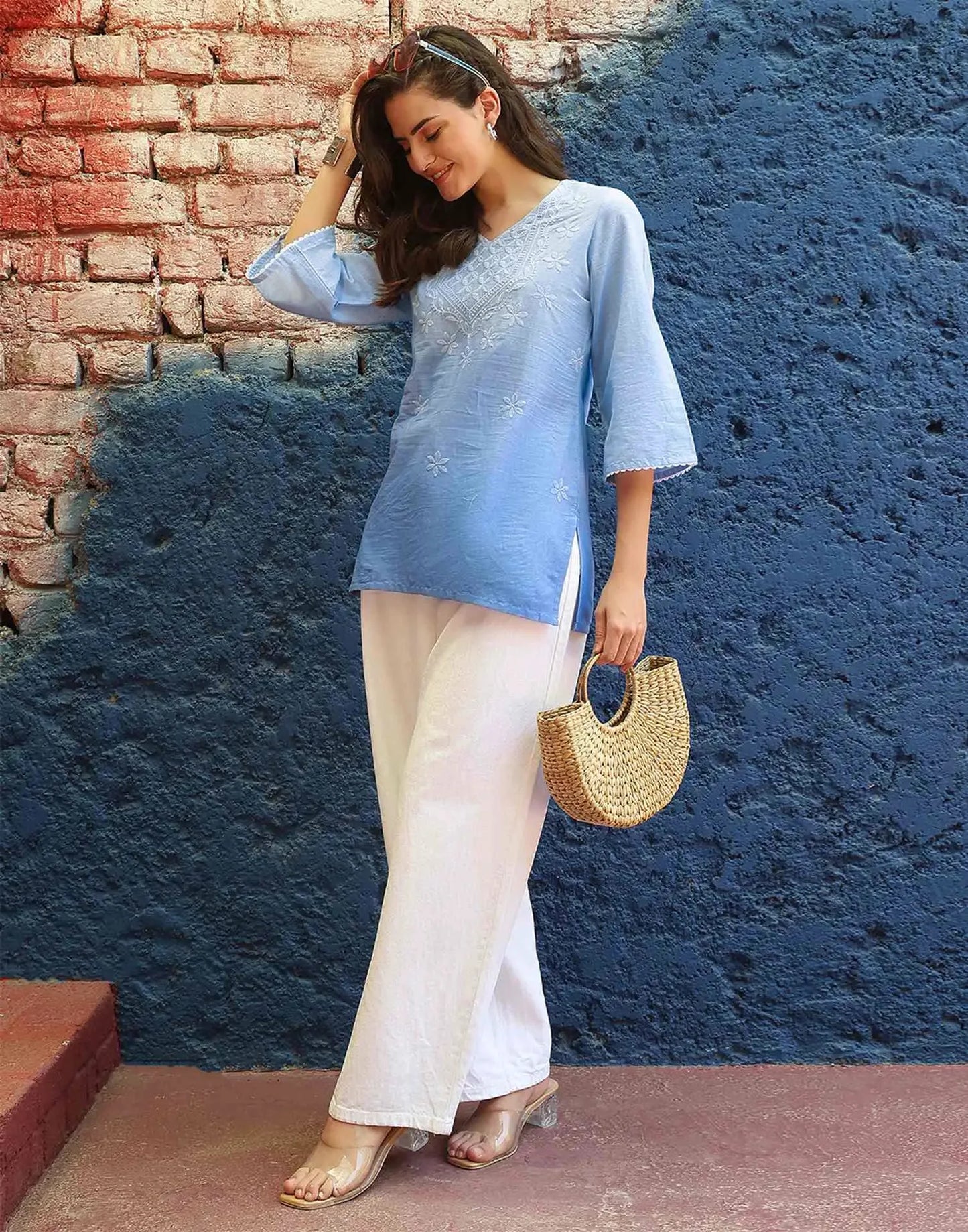 Cotton Chikankari Straight Sweetheart Neck Short Kurti