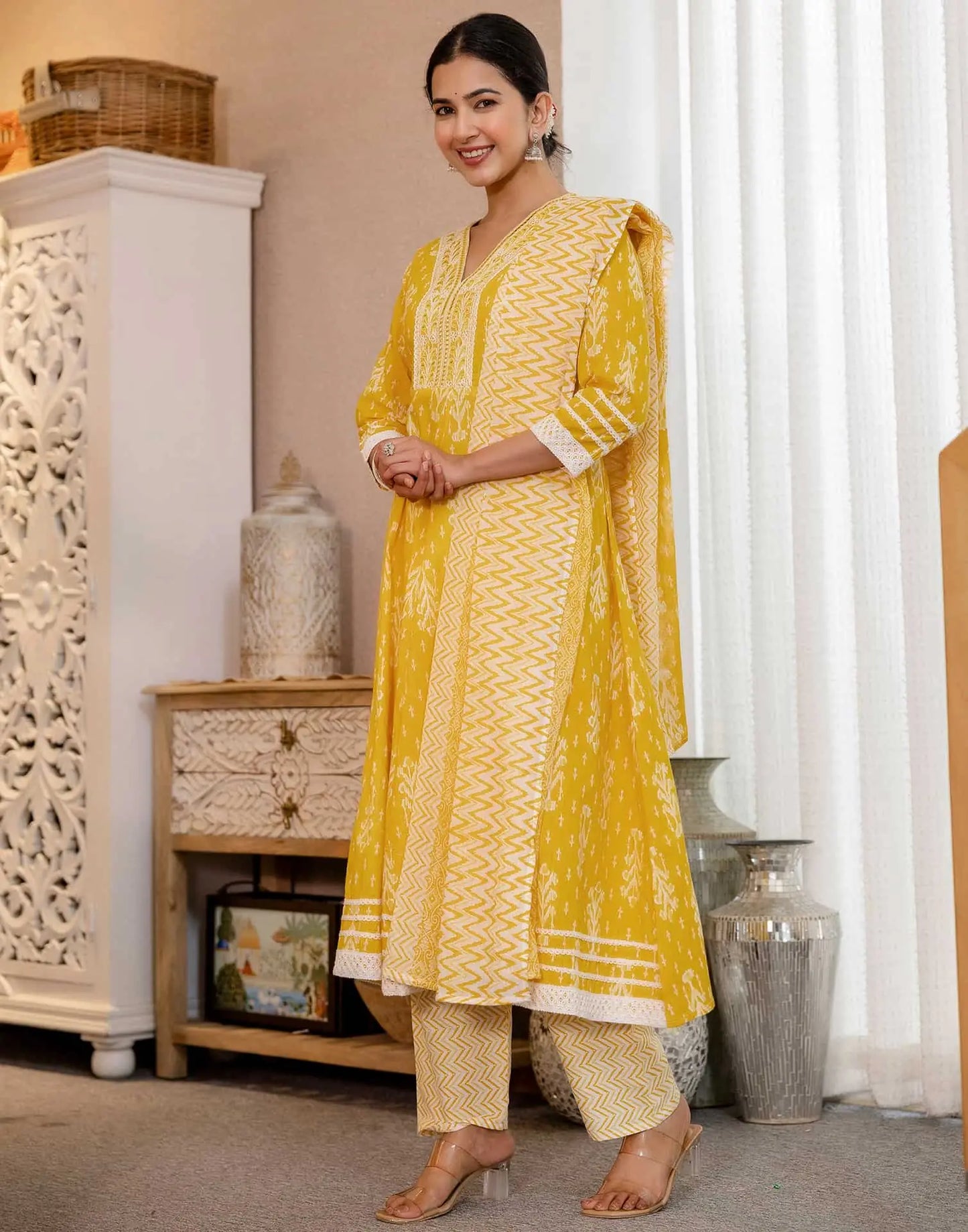 Cotton Anarkali Printed V-Neck Kurta with Pant & Dupatta