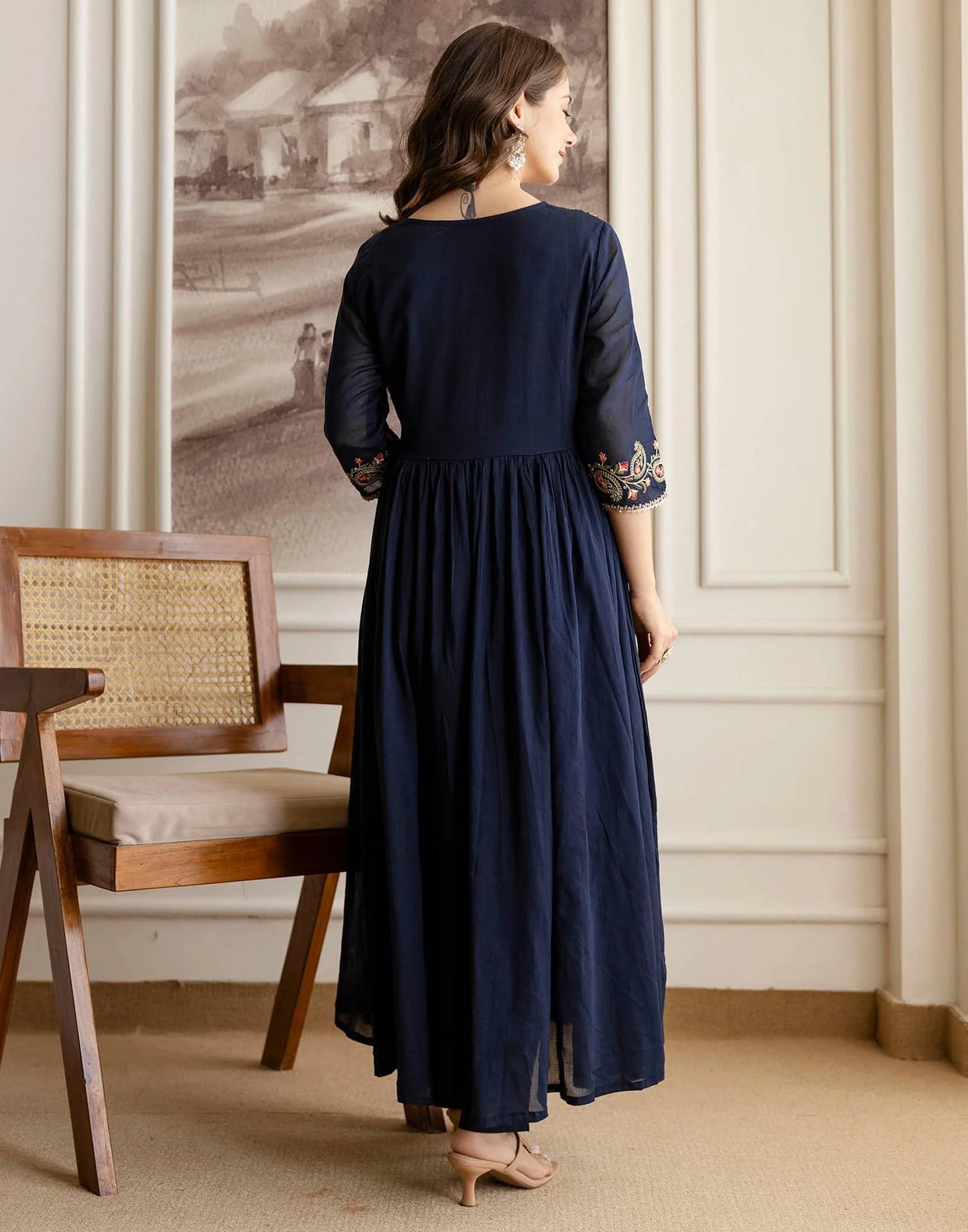 Affordable Blue Cotton Embroidered Anarkali Kurti Set