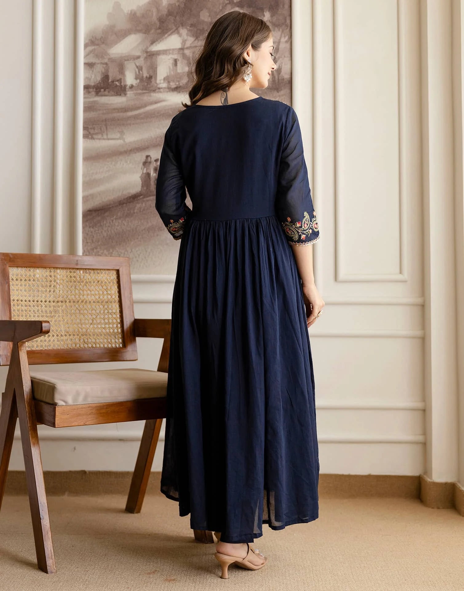 Affordable Blue Cotton Embroidered Anarkali Kurti Set