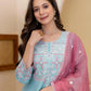 Blue Silk Blend Embroidered Straight Kurta with Pant & Dupatta