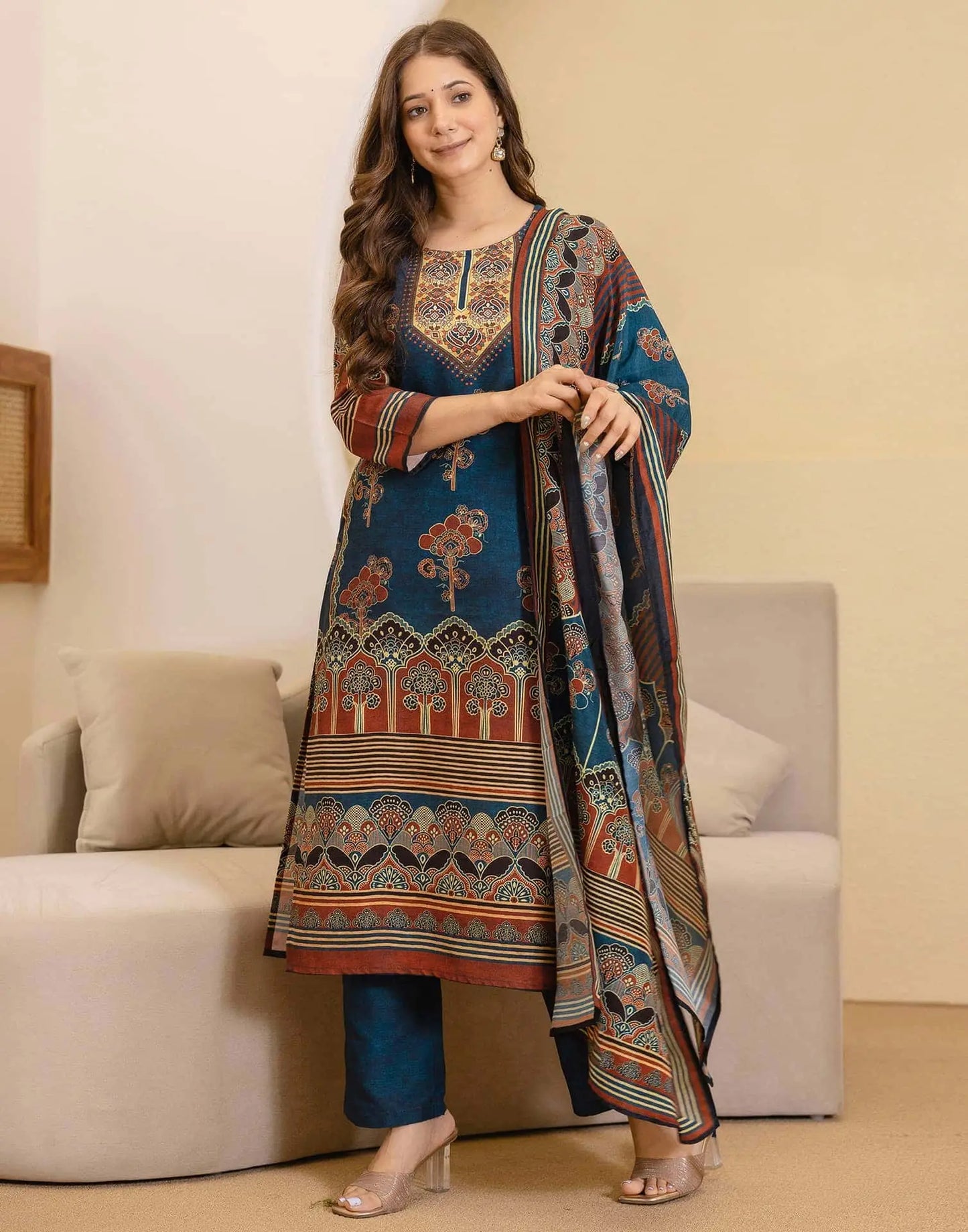 Cotton Printed Straight Kurta with Pant & Dupatta