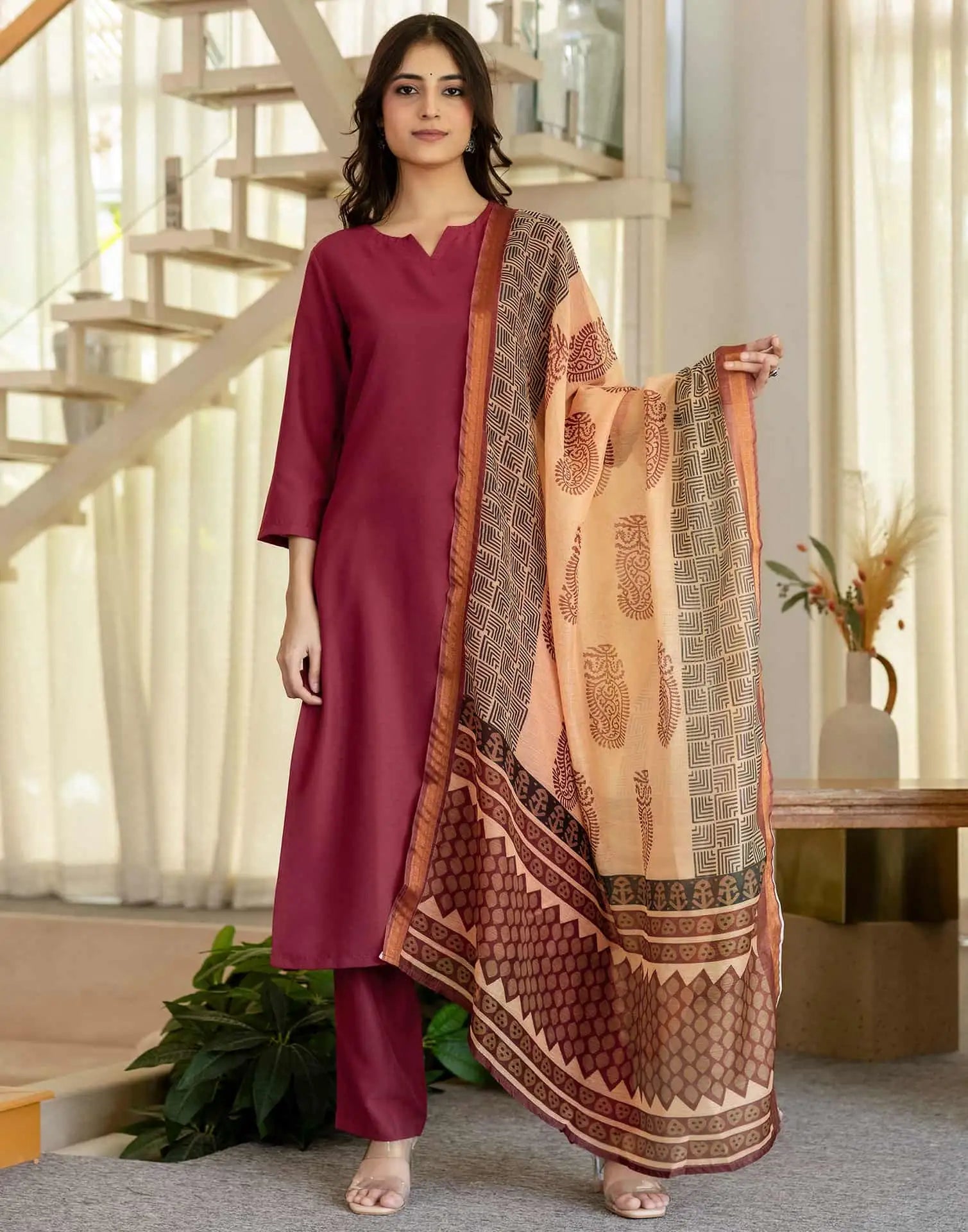 Skylee Viscose Rayon Plain Straight 3 Piece Kurta Set For Woman