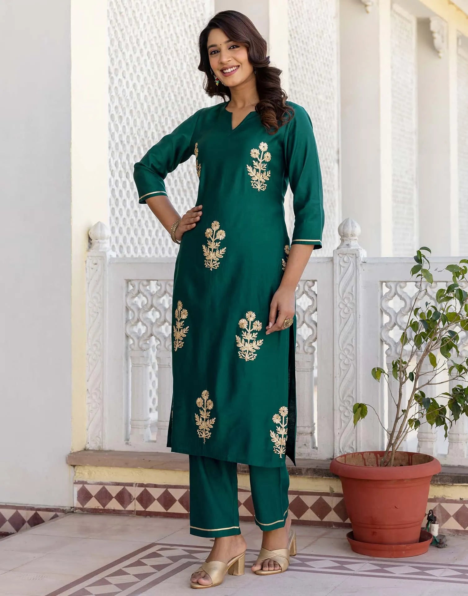 Green Cotton Printed Straight Kurta Set with Pant & Dupatta for Women