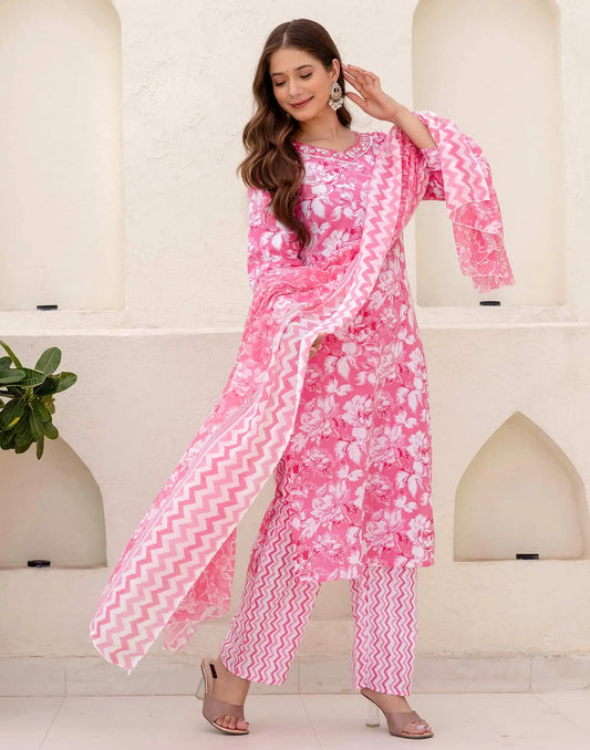 Cotton Straight Printed V-Neck Kurta with Pant & Dupatta