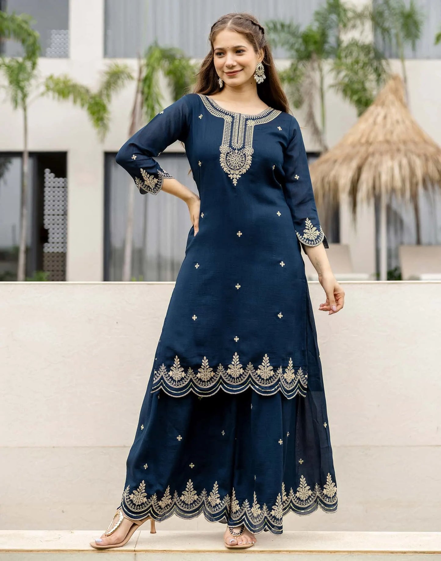 Silk Embroidered Straight Kurta with Pant & Dupatta