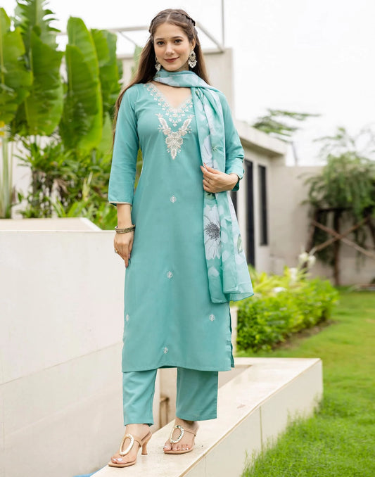 Cotton Slub Straight Embroidery V-Neck Kurta with Pant & Dupatta